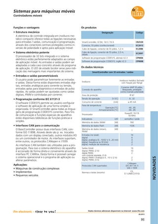 NOVIDADES
95
04.2013
Controladores móveis
Designação Código
SmartController, 32 Bit, 16 E / 16 A CR2530
Os dados técnicos
SmartController com 32 entradas / saídas
Os produtos
Invólucro
Invólucro metálico fechado
com fixação por flange
Conexão do aparelho
Conector AMP 55 pólos,
bloqueado, protegido
contra inversão polaridade
Grau de proteção IP 67
Tensão de operação [V DC] 8...32
Funções e vantagens
• Estrutura mecânica
A eletrônica de controle integrada em invólucro me-
tálico compacto oferece todas as ligações necessárias
para entradas / saídas, comunicação e programação,
através dos conectores centrais protegidos contra in-
versão de polaridade e aptos para aplicação móvel.
• Sistema eletrônico potente
O processador de 32 bits integrado e o sistema
eletrônico estão perfeitamente adaptados ao campo
de aplicação móvel. As entradas e saídas podem ser
adaptadas a cada caso concreto através do programa
de aplicação. O LED de estado bicolor serve para indi-
cação das mensagens mais importantes do sistema.
• Entradas e saídas parametrizáveis
O usuário pode parametrizar livremente as entradas
e saídas. Dessa forma estão disponíveis entradas digi-
tais, entradas analógicas para corrente ou tensão,
entradas aptas para diagnóstico e entradas de pulso
rápidas. As saídas podem ser ajustadas como saídas
digitais, PWM e controladas por corrente.
• Programação conforme IEC 61131-3
O software CODESYS permite ao usuário configurar
o software de aplicação de uma forma simples e
organizada. O SmartController apoia todas as lingua-
gens de programação CODESYS correntes. Para fins
de comunicação e funções especiais de aparelhos
estão disponíveis bibliotecas de funções práticas e
simples.
• Interfaces CAN para a comunicação
O BasicController possui duas interfaces CAN, con-
forme ISO 11898. Através deste são p. ex. trocados
dados com um display conectado, outros módulos I/O
ou um controlador de motor. As interfaces suportam,
entre outros, os protocolos CANopen e J1939.
As interfaces CAN também são utilizadas para a pro-
gramação. Para isso o sistema eletrônico do aparelho
é accionado de forma direta e conveniente através da
interface PC CANfox. Desta forma é possível carregar
o sistema operacional e o programa de aplicação ou
alterar parâmetros.
Aplicações:
• Máquinas de construção complexas
• Implementos
• Pequenos veículos
Consumo de corrente [mA] ≤ 45 mA
Faixa de temperatura
Operação [°C]
Armazenamento [°C]
-40...85
-40...85
Processador
PowerPC 5517E
50 MHz
Indicadores LED vermelho / verde
Entradas (no total):
digital
digital, analógica (0...10/32 V, 0...20 mA)
digital, frequência (≤ 30 kHz)
digital, medição de resistência
16
6
4
4
2
Saídas (total)
digital, PWM, (2 A)
digital, PWM,
com corrente regulada, (2 A)
digital, PWM / analógica 0...10 V, (2 A)
digital, PWM, (4 A)
16
10
2
2
2
Protocolos CAN suportados
CANopen
(DS 301 V4.1)
SAE J 1939
Normas e testes (excerto)
CE,
E1 (UN/ECE R10)
Dados técnicos adicionais disponíveis na Internet: www.ifm.com
Sistemas para máquinas móveis
Conector, 55 pólos (confeccionável) EC2013
Cabo de ligação, conector de 55 pólos, 1,2 m EC2086
Cabo de ligação, conector de 55 pólos, 2,5 m,
selado
EC2097
Software de programação CODESYS, alemão V2.3 CP9006
Software de programação CODESYS, inglês V2.3 CP9008
Memória de dados SRAM [kB] 592
Memória de dados Flash [kB] 1536
Memória de dados (retain), [kB]
FRAM
1
 