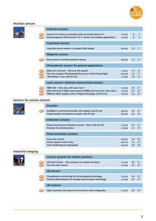 3
3D Smart Sensor – Your assistant on mobile machines
True 3D vision sensor
Camera systems for mobile machines
(11.2014)
(11.2014)
Industrial imaging
Sensors for factory automation with correction factor K=1
Electromagnetic field immune ”K=1“ sensors for welding applications
Inductive sensors
Photoelectric sensors for general applications
When oil is all over – The new O6 coolant
The new compact O6 photoelectric sensors with infrared light
“O6 wetline” now with IO-Link
(11.2015)
(04.2015)
(11.2014)
(11.2015)
(11.2015)
Position sensors
6 - 7
8 - 9
Capacitive touch sensors in compact M22 design
Capacitive sensors
(04.2015) 10 - 11
New pressure-resistant position sensors
Magnetic sensors
(04.2015) 12 - 13
14 - 15
16 - 17
18 - 19
Laser sensors / distance measurement sensors
PMD O5D – Now also with laser class 1
OID with time of flight measurement (PMD) and easy-turn, laser class 1
PMDLine M30 compact: time of flight technology and IO-Link
(11.2014)
(11.2014)
(04.2015)
20 - 21
22 - 23
24 - 25
40 - 41
42 - 43
Intelligent incremental encoder with display and IO-Link
Programmable incremental encoder with IO-Link
Encoders
(04.2015)
(04.2015)
Sensors for motion control
26 - 27
28 - 29
High-resolution 3D camera for innovative vision integration
3D cameras
(11.2015) 48 - 49
Robust and precise inclination sensors – Now with IO-Link
Precision for all inclinations
Inclination sensors
(11.2015)
(11.2014)
30 - 31
32 - 33
Easy level control
Sensor signals switch relay
Safe monitoring of underspeed
Pulse evaluation systems
(04.2015)
(04.2015)
(04.2015)
34 - 35
36 - 37
38 - 39
TOP
TOP
TOP
TOP
TOP
TOP
TOP
TOP
TOP
TOP
Completeness monitoring for the packaging technology
Volume determination for storage and conveyor technology
3D sensors
(11.2015)
(11.2015)
44 - 45
46 - 47
TOP
TOP
TOP
TOP
TOP
 