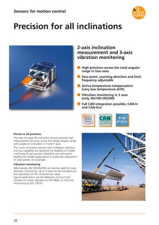 32
2-axis inclination
measurement and 3-axis
vibration monitoring
Precise in all positions
The new ifm type JN inclination sensors provide high
measurement accuracy across the whole angular range
with angles of inclination in X and Y axes.
The 2-axis inclination sensors with CANopen interface
and bus capability are designed for levelling of mobile
machinery (2-axis position detection and zero-point
levelling for mobile applications) or automatic adjustment
of solar panels, for example.
Vibration monitoring
Alternatively, JN2100/JN2300 can also be used for 3-axis
vibration monitoring. Up to 3 axes can be included into
the calculation of the characteristic value.
Typical applications are the detection of structural
vibration or tower vibration to ISO 4866, or machine
monitoring to ISO 10816.
High precision across the total angular
range in two axes
Zero point, counting direction and limit
frequency adjustable
Active temperature compensation
(very low temperature drift)
Vibration monitoring in 3 axes
(only JN2100/JN2300)
Full CAN integration possible, CAN-In
and CAN-Out
Precision for all inclinations
Sensors for motion control
 