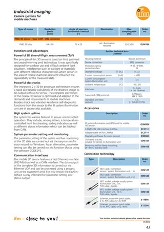 43
(11.2014)
Camera systems for
mobile machines
Further technical data
O3M150
Housing material diecast aluminium
Device connection M12 connector
Protection rating,
protection class
IP 67 / IP 69K,
III
Operating voltage [V DC] 9...32
Functions and advantages
Powerful 3D time-of-flight measurement (ToF)
The principle of this 3D sensor is based on ifm’s patented
and award-winning pmd technology. It was specifically
designed for outdoor use and difficult ambient light
situations. Interference such as sunlight or materials
with different reflective characteristics which occurs in
the area of mobile machines does not influence the
repeatability of the measured data.
Powerful electronics
The integrated 2 x 32-bit processor architecture ensures
a rapid and reliable calculation of the distance image to
be output with up to 50 fps. The complete electronics
of the mobile 3D sensor is optimised and adapted to the
demands and requirements of mobile machines.
Besides shock and vibration resistance self-diagnostic
functions from the sensor to the IR system illumination
unit are of course also available.
High system uptime
The system has various features to ensure uninterrupted
operation. They include, among others, a temperature-
controlled front lens heating, soiling indication as well
as different status information which can be fetched
from CAN.
System parameter setting and monitoring
The parameter setting of the system and live monitoring
of the 3D data are carried out via the easy-to-use ifm
vision wizard for Windows. As an alternative, parameter
setting can also be carried out via function blocks using
the software CODESYS.
Communication interfaces
The mobile 3D sensor features a fast Ethernet interface
(100 Mbit) as well as a CAN interface. The data output
of the complete 3D information is carried out via
Ethernet UDP and can be processed using a process
unit at the customer’s end. For this version the CAN in-
terface is only intended for parameter setting and
status output.
Current consumption sensor [mA] < 400
Current consumption [A]
system illumination unit
< 5
Ambient temperature [°C] -40...85
Interfaces
1x CAN,
1 x fast Ethernet
Supported CAN protocols
CANopen,
SAE J 1939
Standards and tests
(extract)
CE,
E1 (UN-ECE R10)
For further technical details please visit: www.ifm.com
Industrial imaging
Description Order
no.
IR system illumination unit (850 nm) for mobile
3D sensors
O3M950
Accessories
CAN/RS232 USB interface CANfox EC2112
Adapter cable set for CANfox EC2114
Operating software for vision sensors E3D300
U-shaped bracket,
suitable for sensor or illumination unit
E3M100
Mounting set for clamp mounting,
Ø 14mm, stainless steel
E3M103
Connection technology
MCI cable, connection
sensor / system illumination unit, 1 m
E3M121
MCI cable, connection
sensor / system illumination unit, 2 m
E3M122
Type Description Order
no.
M12 socket, voltage supply system
illumination unit, 2 m,
PUR cable, 4 poles
E3M131
M12 socket, voltage supply system
illumination unit, 10 m,
PUR cable, 4 poles
E3M133
Ethernet, cross-over patch cable,
2 m, PVC cable, M12 / RJ45
E11898
Ethernet, cross-over patch cable,
10 m, PVC cable, M12 / RJ45
E12204
Type of sensor Resolution
pixels
[pixel]
IlluminationAngle of aperture
horizontal x vertical
[°]
Order
no.
PMD 3D sensor · Type O3M · M12 connector
PMD 3D chip 64 x 16
ext. illumination
required
70 x 23 O3M150
Max.
sampling rate
[Hz]
25/33/50
 