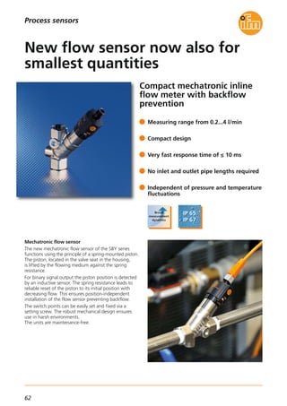 62
Compact mechatronic inline
flow meter with backflow
prevention
Mechatronic flow sensor
The new mechatronic flow sensor of the SBY series
functions using the principle of a spring-mounted piston.
The piston, located in the valve seat in the housing,
is lifted by the flowing medium against the spring
resistance.
For binary signal output the piston position is detected
by an inductive sensor. The spring resistance leads to
reliable reset of the piston to its initial position with
decreasing flow. This ensures position-independent
installation of the flow sensor preventing backflow.
The switch points can be easily set and fixed via a
setting screw. The robust mechanical design ensures
use in harsh environments.
The units are maintenance-free.
Measuring range from 0.2...4 l/min
Compact design
Very fast response time of ≤ 10 ms
No inlet and outlet pipe lengths required
Independent of pressure and temperature
fluctuations
New flow sensor now also for
smallest quantities
Process sensors
 