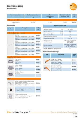 73
(04.2015)
Level sensors
Protection rating/
protection class
Max.
tank pressure
[bar]
-1...40 IP 69K, III
Accessories
Type Description Order
no.
0.15 m,
high-grade stainless steel (316L/1.4404)
E43345
0.3 m,
high-grade stainless steel (316L/1.4404)
E43346
0.5 m,
high-grade stainless steel (316L/1.4404)
E43340
0.7 m,
high-grade stainless steel (316L/1.4404)
E43347
1.0 m,
high-grade stainless steel (316L/1.4404)
E43341
1.5 m,
high-grade stainless steel (316L/1.4404)
E43348
2.0 m,
high-grade stainless steel (316L/1.4404)
E43342
IO-Link interface for parameter setting
and analysis of units with
DTM specification, current consumption
from USB port: max. 500 mA
E30396
Memory plug, parameter memory
for IO-Link sensors
E30398
For further technical details please visit: www.ifm.com
Process sensors
LINERECORDER SENSOR,
software for parameter setting and
setting up IO-Link sensors
QA0001
Process connection Medium temperature
[°C]
Order
no.
M12 connector · IO-Link 1.1
Aseptoflex Vario -40...150 LR2750
Current consumption [mA] < 80
Dielectric constant medium > 5
Ambient temperature [°C] -40...80
Metals in contact
with the medium
high-grade stainless steel
(316L/1.4404),
PEEK, EPDM
Housing materials
high-grade stainless steel
(316L/1.4404),
PEI, PFA, PBT, FKM
Power-on delay time [s] ≤ 3
Operating voltage [V] 18...30 DC
Current rating [mA] 200
Further technical data
IO-Link device type of transmission 1.1
Probes for hygienic LR processes
Pipe fitting,
DN40 (1.5")
E33212
Clamp adapter,
Clamp 2"
E33202
Pipe fitting,
DN50 (2")
E33213
Clamp adapter,
Clamp 1-1.5"
E33201
Aseptoflex Vario adapter
IO-Link
Connection technology
Type Description Order
no.
Socket, M12, 4-pole,
5 m orange, PVC cable
EVT001
Socket, M12, 4-pole,
2 m orange, PVC cable
EVT064
Socket, M12, 4-pole,
5 m orange, PVC cable
EVT004
Socket, M12, 4-pole,
2 m orange, PVC cable
EVT067
Welding adapter,
Ø 50 mm
E30122
 