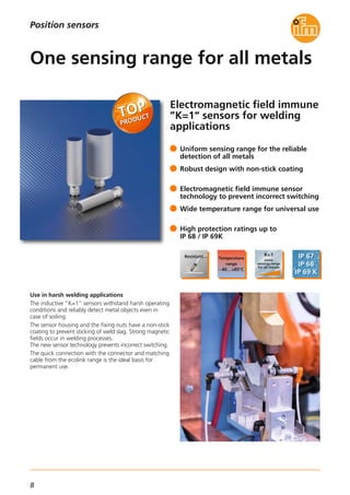 8
Electromagnetic field immune
”K=1“ sensors for welding
applications
Use in harsh welding applications
The inductive ”K=1“ sensors withstand harsh operating
conditions and reliably detect metal objects even in
case of soiling.
The sensor housing and the fixing nuts have a non-stick
coating to prevent sticking of weld slag. Strong magnetic
fields occur in welding processes.
The new sensor technology prevents incorrect switching.
The quick connection with the connector and matching
cable from the ecolink range is the ideal basis for
permanent use.
Uniform sensing range for the reliable
detection of all metals
Robust design with non-stick coating
Electromagnetic field immune sensor
technology to prevent incorrect switching
Wide temperature range for universal use
High protection ratings up to
IP 68 / IP 69K
One sensing range for all metals
Position sensors
 