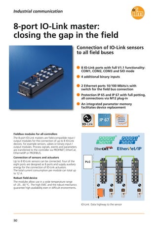 90
Connection of IO-Link sensors
to all field buses
PLC
Fieldbus modules for all controllers
The 8-port IO-Link masters are field-compatible input /
output modules for the connection of up to 8 IO-Link
devices, for example sensors, valves or binary input /
output modules. Process signals, events and parameters
are transferred to the controller via PROFINET, EtherCat,
Ethernet/IP or PROFIBUS.
Connection of sensors and actuators
Up to 8 IO-Link sensors can be connected. Four of the
eight ports are designed as B ports and supply auxiliary
energy for the connection of IO-Link actuators.
The total current consumption per module can total up
to 12 A.
Robust field device
The modules allow use in a wide temperature range
of -25...60 °C. The high EMC and the robust mechanics
guarantee high availability even in difficult environments.
8 IO-Link ports with full V1.1 functionality:
COM1, COM2, COM3 and SIO mode
4 additional binary inputs
2 Ethernet ports 10/100 Mbits/s with
switch for the field bus connection
Protection IP 65 and IP 67 with full potting,
all connections via M12 plug-in
An integrated parameter memory
facilitates device replacement
8-port IO-Link master:
closing the gap in the field
Industrial communication
IO-Link: Data highway to the sensor
 