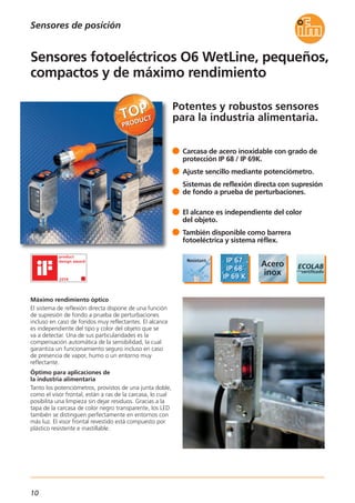 10
Potentes y robustos sensores
para la industria alimentaria.
Sensores fotoeléctricos O6 WetLine, pequeños,
compactos y de máximo rendimiento
Máximo rendimiento óptico
El sistema de reflexión directa dispone de una función
de supresión de fondo a prueba de perturbaciones
incluso en caso de fondos muy reflectantes. El alcance
es independiente del tipo y color del objeto que se
va a detectar. Una de sus particularidades es la
compensación automática de la sensibilidad, la cual
garantiza un funcionamiento seguro incluso en caso
de presencia de vapor, humo o un entorno muy
reflectante.
Óptimo para aplicaciones de
la industria alimentaria
Tanto los potenciómetros, provistos de una junta doble,
como el visor frontal, están a ras de la carcasa, lo cual
posibilita una limpieza sin dejar residuos. Gracias a la
tapa de la carcasa de color negro transparente, los LED
también se distinguen perfectamente en entornos con
más luz. El visor frontal revestido está compuesto por
plástico resistente e inastillable.
Carcasa de acero inoxidable con grado de
protección IP 68 / IP 69K.
Ajuste sencillo mediante potenciómetro.
Sistemas de reflexión directa con supresión
de fondo a prueba de perturbaciones.
El alcance es independiente del color
del objeto.
También disponible como barrera
fotoeléctrica y sistema réflex.
Sensores de posición
 