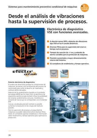 74
Electrónica de diagnóstico
VSE con funciones avanzadas.
Potente electrónica de diagnóstico
El análisis de vibraciones protege los componentes de
máquinas, las piezas y las herramientas del proceso de
mecanizado para evitar el desecho de materiales y
costosos daños derivados.
Además de los acelerómetros basados en la probada
tecnología MEMS de ifm (tipo VSA), la electrónica de
diagnóstico perfeccionada también ofrece la posibilidad
de conectar acelerómetros comunes, micrófonos o
sensores de fuerza que se correspondan con el estándar
IEPE.
Gracias a la elevada precisión también es posible
aumentar la resolución en los rangos de medición
grandes.
Para la supervisión de procesos y la seguridad de
máquinas se pueden seleccionar ahora diversos filtros.
Hasta 32 contadores aportan estadísticas e información
sobre rendimiento y tiempo operativo para optimizar la
producción.
A elección sensor IEPE o detector de vibraciones
tipo VSA en los 4 canales dinámicos.
Diversos filtros para la supervisión del nivel en
tiempo real en procesos.
Tiempos de reacción de <1 ms y umbrales de
alarma variables para la protección de máquinas.
Precisión aumentada y mayor almacenamiento
interno del histórico.
32 contadores de rendimiento y tiempo operativo.
Desde el análisis de vibraciones
hasta la supervisión de procesos.
Sistemas para mantenimiento preventivo condicional de máquinas
 