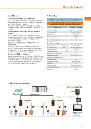 IO-Link system components
11
Special features
Ethernet interface for PLC connection
This IO-Link master operates as an input/output card
with a total of 20 I/Os, of which 8 are for IO-Link devices
and the rest for binary signals.
All signals can be easily transmitted to compatible
controllers via the standard fieldbuses EtherNet/IP or
Profinet.
Two ways simultaneously = PLC and server in
parallel
So far, all sensor signals had to be sent by the PLC
to higher-level systems. This is now done via a parallel
communication path (Y path). The PLC program
remains unchanged.
Integrated web server for configuration and
diagnostics
No special software is required for configuration.
All IO-Link settings can be made via the integrated
web interface. To do so, a standard PC with Ethernet
connection and web browser is required.
Convenient IODD integration
Via the web interface, up to 8 different IODDs (IO-Link
device descriptions) can be loaded into the master. After
connection of the IO-Link devices, the corresponding
IODDs are automatically assigned to the connected
IO-Link devices and the corresponding ports.
Parallel sensor communication
IO-Link master IO-Link master
PLC
industrial fieldbus
LR agent communication (option)
LINERECORDER
web-based
user interface
IO-Link
sensors
···1 2 7 8
server
IO-Link
IO-Link
sensors
···1 2 7 8
Technical data
“Y“ path for PLC data exchange and a parallel
connection to the server via LINERECORDER AGENT
IO-Link master module for connection to fieldbuses
Fieldbus connection EtherNet/IP Profinet
Further protocols Modbus / TCP (slave)
Order no. AY1020 AY1000
Supply voltage [V] 18...30 DC
Current consumption [A] 2 (24 V)
IO-Link version 1.1
Number of IO-Link ports 8
Parameter memory •
IO-Link port A / port B up to 8, configurable
Inputs/outputs IO-Link / SIO configurable
IO-Link baud rates COM 1...3 4.8k, 38.4k, 230.4kBaud
Digital inputs max. DI 8 (16) +2
Digital outputs max. DO 8 + 2
IO-Link / DI / DO status LEDs 20
Ethernet connections 2x (10/100 BASE-Tx)
Module / Ethernet status LEDs 7
Ethernet sockets RJ45
Electrical connections screw terminals
Protection IP 20
Housing material polyamide plastics
Ambient temperature [°C] 0...70
Installation DIN rail
 