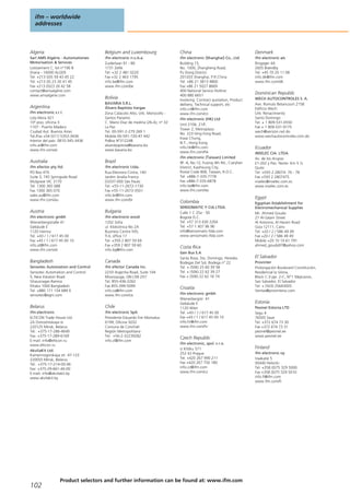 Algeria
Sarl AMS Algérie - Automatismes
Motorisation & Services
Lotissement C, lot n°190 B
Draria - 16000 ALGER
Tel. +213 (0)5 59 43 45 22
Tel. +213 (0) 23 26 41 45
Fax +213 (0)23 26 42 58
contact@amsalgérie.com
www.amsalgerie.com
Argentina
ifm electronic s.r.l.
Lola Mora 421
10º piso, oficina 3
1107 - Puerto Madero
Ciudad Aut. Buenos Aires
Tel./Fax +54 (011) 5353-3436
Interior del país: 0810-345-3436
info.ar@ifm.com
www.ifm.com/ar
Australia
ifm efector pty ltd.
PO Box 479
Suite 3, 745 Springvale Road
Mulgrave VIC 3170
Tel. 1300 365 088
Fax 1300 365 070
sales.au@ifm.com
www.ifm.com/au
Austria
ifm electronic gmbh
Wienerbergstraße 41
Gebäude E
1120 Vienna
Tel. +43 / 1 / 617 45 00
Fax +43 / 1 / 617 45 00 10
info.at@ifm.com
www.ifm.com/at
Bangladesh
Sensotec Automation and Control
Sensotec Automation and Control
5, New Eskaton Road
Ghausnagar,Ramna
Dhaka 1000 Bangladesh
Tel. +880 171 154 689 0
sensotec@agni.com
Belarus
ifm electronic
ELTICON Trade House Ltd.
2A Ostroshitskaya st.
220125 Minsk, Belarus
Tel.: +375-17-286-4649
Fax: +375-17-289-6169
E-mail: info@elticon.ru
www.elticon.ru
AkvilaKit Ltd.
Kamennogorskaya str. 47-123
220055 Minsk, Belarus
Tel.: +375-17-214-00-06
Fax: +375-29-661-40-00
E-mail: info@akvilakit.by
www.akvilakit.by
Belgium and Luxembourg
ifm electronic n.v./s.a.
Zuiderlaan 91 - B6
1731 Zellik
Tel. +32 2 481 0220
Fax +32 2 463 1795
info.be@ifm.com
www.ifm.com/be
Bolivia
BAVARIA S.R.L.
Álvaro Baptista Vargas
Zona Calacoto Alto, Urb. Morocollo -
Santos Pariamo
C. Mario Diaz de medina (26-A), n° 32
La Paz
Tel. 00-591-2-279 269 1
Mobile 00-591-720-47 442
PoBox N°312248
alvarobaptista@bavaria.bo
www.bavaria.bo
Brazil
ifm electronic Ltda.
Rua Eleonora Cintra, 140
Jardim Analia Franco
03337-000 Sāo Paulo
Tel. +55-11-2672-1730
Fax +55-11-2673-3501
info.br@ifm.com
www.ifm.com/br
Bulgaria
ifm electronic eood
1202 Sofia
ul. Klokotnica No 2A
Business Centre IVEL
fl.4, office 17
Tel. +359 2 807 59 69
Fax +359 2 807 59 60
info.bg@ifm.com
Canada
ifm efector Canada Inc.
2233 Argentia Road, Suite 104
Mississauga, ON L5N 2X7
Tel. 855-436-2262
Fax 855-399-5099
info.ca@ifm.com
www.ifm.com/ca
Chile
ifm electronic SpA
Presidente Eduardo Frei Montalva
6199, Oficina 5032
Comuna de Conchalí
Región Metropolitana
Tel.: +56-2-32239282
info.cl@ifm.com
China
ifm electronic (Shanghai) Co., Ltd
Building 15,
No. 1000, Zhangheng Road,
Pu Dong District.
201203 Shanghai, P.R.China
Tel. +86 21 3813 4800
Fax +86 21 5027 8669
400 National Service Hotline:
400 880 6651
Involving: Contract quotation, Product
delivery, Technical support, etc
info.cn@ifm.com
www.ifm.com/cn
ifm electronic (HK) Ltd
Unit 2106, 21/F,
Tower 2, Metroplaza
No. 223 Hing Fong Road,
Kwai Chung,
N.T., Hong Kong.
info.hk@ifm.com
www.ifm.com/hk
ifm electronic (Taiwan) Limited
9F.-6, No.12, Fuxing 4th Rd., Cianjhen
District, Kaohsiung City,
Postal Code 806, Taiwan, R.O.C.
Tel. +886-7-335-7778
Fax +886-7-335-6878
info.tw@ifm.com
www.ifm.com/tw
Colombia
SENSOMATIC Y CIA LTDA.
Calle 1 C 25a - 50
Bogotá D.C.
Tel. +57 313 430 2264
Tel. +57 1 407 96 96
info@sensomatic-ltda.com
www.sensomatic-ltda.com
Costa Rica
Gen Bus S.A
Santa Rosa, Sto. Domingo, Heredia.
Bodegas Del Sol, Bodega n° 22
Tel. + (506) 25 60 39 58
Tel. + (506) 22 62 39 27
Fax + (506) 22 62 16 74
Croatia
ifm electronic gmbh
Wienerbergstr. 41
Gebäude E
1120 Wien
Tel. +43 / 1 / 617 45 00
Fax +43 / 1 / 617 45 00 10
info.hr@ifm.com
www.ifm.com/hr
Czech Republic
ifm electronic, spol. s r.o.
U Křížku 571
252 43 Prague
Tel. +420 267 990 211
Fax +420 267 750 180
info.cz@ifm.com
www.ifm.com/cz
Denmark
ifm electronic a/s
Ringager 4A
2605 Brøndby
Tel. +45 70 20 11 08
info.dk@ifm.com
www.ifm.com/dk
Dominican Republic
WECH AUTOCONTROLES S. A.
Ave. Romulo Betancourt 2158
Edificio Wech
Urb. Renacimiento
Santo Domingo
Tel. + 1 809-531-0550
Fax + 1 809-531-9175
wech@verizon.net.do
www.wechautocontroles.com.do
Ecuador
INSELEC CIA. LTDA.
Av. de los Arupos
E1-202 y Pan. Norte- Km 5 ½
Quito
Tel. +593 2 28074- 76 - 78
Fax +593 2 2807475
inselec@inselec.com.ec
www.inselec.com.ec
Egypt
Egyptian Establishment for
Electromechanical Supplies
Mr. Ahmed Gouda
27 Al-Salam Street
Al Arezona, Al Haram Road
Giza 12111, Cairo
Tel. +20 / 2 / 586 49 49
Fax +20 / 2 / 586 49 49
Mobile +20 10 10 61 791
ahmed_gouda97@yahoo.com
El Salvador
Provinter
Prolongación Boulevard Constitución,
Residencial la Gloria,
Block C-3 pje. 2-C, N*1 Mejicanos,
San Salvador, El Salvador
Tel. + (503) 25643005
Ventas@provintersv.com
Estonia
Pesmel Estonia LTD
Segu 4
76505 Saue
Tel. +372 674 73 30
Fax +372 674 73 31
pesmel@pesmel.ee
www.pesmel.ee
Finland
ifm electronic oy
Vaakatie 5
00440 Helsinki
Tel. +358 (0)75 329 5000
Fax +358 (0)75 329 5010
info.fi@ifm.com
www.ifm.com/fi
ifm – worldwide
addresses
102
Product selectors and further information can be found at: www.ifm.com
 
