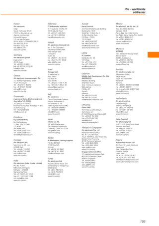 France
ifm electronic
Siège :
Savoie Technolac BP226
73374 Le Bourget du Lac
Agence commerciale :
Immeuble Uranus
1-3 rue Jean Richepin
93192 NOISY LE GRAND CEDEX
Tel. 0820 22 30 01
Fax 0820 22 22 04
info.fr@ifm.com
www.ifm.com/fr
Germany
ifm electronic gmbh
Friedrichstr. 1
45128 Essen
Tel. +49 201 24 22 0
Fax +49 201 24 22 12 00
info@ifm.com
www.ifm.com/de
Greece
ifm electronic monoprosopi E.P.E.
27, Andrea Papandreou Street
15125 Amaroussi
Tel. +30 210 61 800 90
Fax +30 210 61 994 00
info.gr@ifm.com
www.ifm.com/gr
Guatemala
Ingenieros Civiles Electromecánicos
Asociados, S.A. (IASA)
20 Calle 25-55 Zona 12
Empresarial El Cortijo III Bodega n° 907,
Guatemala City
Tel. +502-23061300
info@iasa.com.gt
Honduras
R y D INDUSTRIAL
Bo. Paz Barahona
11 Ave. 14 y 15 Calle
S.O. #142
San Pedro Sula
Tel. +(504) 2550-3703
Tel. +(504) 2558-9313
ventas@rydindustrial.com
Hungary
ifm electronic kft.
Szent Imre út 59. I.em.
H-9028 Győr
Tel. +36-96 / 518-397
Fax +36-96 / 518-398
info.hu@ifm.com
www.ifm.com/hu
India
ifm electronic India Private Limited
Plot No. P-39/1
MIDC Gokul Shirgaon
Kolhapur – 416234
Maharashtra State
Tel. +91 / 231 / 267 27 70
Fax +91 / 231 / 267 23 88
info.india@ifm.com
www.ifm.com/in
Indonesia
PT Indoserako Sejahtera
Jl. P. Jayakarta 121 No. 59
10730 Jakarta Pusat
Tel. +62 / 21 6 24 8923
Fax +62 / 21 6 24 8922
harry@indoserako.com
Ireland
ifm electronic (Ireland) Ltd.
No. 7, The Courtyard
Kilcarbery Business Park
New Nangor Road
Clondalkin
Dublin 22
Tel. +353 / 1 / 461 32 00
Fax +353 / 1 / 457 38 28
sales_ie@ifm.com
www.ifm.com/ie
Israel
Astragal Ltd.
3, Hashikma Str.
Azur 58001
P.O. Box 99
Azur 58190
Tel. +972 / 3 / 5 59 16 60
Fax +972 / 3 / 5 59 23 40
astragal@astragal.co.il
www.astragal.co.il
Italy
ifm electronic
Centro Direzionale Colleoni
Palazzo Andromeda 2
Via Paracelso n. 18
20864 Agrate Brianza (MB)
Tel. +39 (0)39-6899982
Fax +39 (0)39-6899995
info.it@ifm.com
www.ifm.com/it
Japan
efector co. ltd.
18F WBG Marive-west
2-6-1 Nakase, Mihama-ku
Chiba-shi, Chiba 261-7118
info.jp@ifm.com
www.ifm.com/jp
Jordan
Al Mashreqan Trading Supplies
P.O.Box.851054
11185 Swaifieh
Amman
Tel. +962 6 581 8841
Fax +962 6 581 8892
info@mashreqan.com
Korea
ifm electronic Ltd.
Hyundai Liberty House 201
Dokseodang-ro Yongsan-Gu
04420 Seoul
Tel. +82 2-790-5610
Fax +82 2-790-5613
info.kr@ifm.com
www.ifm.com/kr
Kuwait
Kana Controls
2nd Floor Khalid Fauzan Building
Building No. 1670
Street No. 7, Block No. 1
Al-Rai Industrial Area,
P.O. Box - 25593,
13116 Safat
Tel. +965-24741537
Fax +965-24741537
info@kanacontrols.com
www.kanacontrols.com
Latvia
EC Systems
Katlakalna Str. 4A
1073 Riga
Tel. +371 724 1231
Fax +371 724 8478
alnis@ecsystems.lv
www.ecsystems.lv
Lebanon
Middle East Development Co. SAL
(MEDEVCO)
Medevco Building
Jeita Main Road
Jeita - Kesrouan, Lebanon
Mail address :
P.O.Box 67
Jounieh
Lebanon
Tel. +961-9-233550
Fax +961-9-233554
info@medevco-lebanon.com
Lithuania
Elinta UAB
Terminalo g. 3, Biruliškių k.,
Karmėlavos sen.
LT-54469 Kauno raj. (Kauno LEZ)
Tel. +370 37 351 999
Fax +370 37 452 780
sales@elinta.lt
www.elintosprekyba.lt
Malaysia & Singapore
ifm electronic Pte. Ltd
Malaysian Branch Office
No. 9F – 2A, 9th Floor,
Tower 4 @ PFCC, Jalan Puteri 1/2,
Bandar Puteri Puchong,
47100 Puchong, Selangor
Tel. + 603 8066 9853
Fax + 603 8066 9854
sales.my@ifm.com
www.ifm.com/my
Singapore Branch Office
25, International Business Park
#03-26/29 German Center
609916 Singapore
Tel. +6565628661
Fax +6565628660
sales.sg@ifm.com
www.ifm.com/sg
Mexico
ifm efector S. de R.L. de C.V.
Ave. Arq. Pedro Ramírez
Vázquez 200-4
Planta Baja, Col. Valle Oriente.
San Pedro Garza García, N.L. 66269
Tel. +52-81-8040-3535
Fax +52-81-8040-2343
clientes.mx@ifm.com
www.ifm.com/mx
Morocco
SOFIMED
137, Boulevard Moulay Ismaïl -
Roches Noires
20290 - Casablanca
Tel. +212 522 240 101
Fax +212 522 240 100
www.sofimed.ma
Namibia
ifm electronic (pty) Ltd
1 Basement Office,
Decor House
25 Dr. W. Kulz Street
Windhoek
Namibia
Tel. +264 61 300984 / 300998
Fax +264 61 300910
Fax to email +264 88 651 9943
info.na@ifm.com
www.ifm.com/na
Netherlands
ifm electronic b.v.
Deventerweg 1 E
3843 GA Harderwijk
Tel. +31 / 341 438 438
Fax +31 / 341 438 430
info.nl@ifm.com
www.ifm.com/nl
New Zealand
ifm efector pty ltd.
Unit 13, 930 Great South Road
Penrose, Auckland
Tel. +64 / 95 79 69 91
Fax +64 / 95 79 92 82
sales.nz@ifm.com
www.ifm.com/nz
Nigeria
Automated Process Ltd
3rd Floor, 32 Lagos Abeokuta
Expressway
Near Cement Bus Stop
Dopemu, Agege
Lagos State
Tel. + 234 / 01 / 4729 967
Fax + 234 /01 / 4925 865
sales@automated-process.com
www.automated-process.com
ifm – worldwide
addresses
103
 