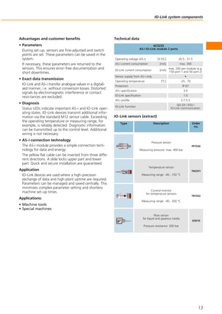 IO-Link system components
13
Advantages and customer benefits
• Parameters
During set-up, sensors are fine-adjusted and switch
points are set. These parameters can be saved in the
system.
If necessary, these parameters are returned to the
sensors. This ensures error-free documentation and
short downtimes.
• Exact data transmission
IO-Link and AS-i transfer analogue values in a digitali-
sed manner, i.e. without conversion losses. Distorted
signals by electromagnetic interference or contact
resis-tances are excluded.
• Diagnosis
Status LEDs indicate important AS-i and IO-Link oper-
ating states. IO-Link devices transmit additional infor-
mation via the standard M12 sensor cable. Exceeding
the operating temperature or measuring range, for
example, is reliably detected. Diagnostic information
can be transmitted up to the control level. Additional
wiring is not necessary.
• AS-i connection technology
The AS-i module provides a simple connection tech-
nology for data and energy:
The yellow flat cable can be inserted from three diffe-
rent directions. A slide locks upper part and lower
part. Quick and secure installation are guaranteed.
Application
IO-Link devices are used where a high-precision
exchange of data and high plant uptime are required.
Parameters can be managed and saved centrally. This
minimises complex parameter setting and shortens
machine set-up times.
Applications:
• Machine tools
• Special machines
Technical data
AC5225
AS-i IO-Link module 2 ports
Operating voltage (AS-i) [V DC] 26.5...31.5
AS-i current consumption [mA] max. 300
IO-Link current consumption [mA]
max. 200 per module (e.g.
150 port 1 and 50 port 2)
Sensor supply from AS-i only •
Operating temperature [°C] -25...70
Protection IP 67
AS-i specification 3.0
IO-Link specification 1.0
AS-i profile S-7.5.5
IO-Link function
SIO (DI / DO) /
IO-Link communication
Type Description Order
no.
IO-Link sensors (extract)
PP7550
Pressure sensor
Measuring pressure: max. 400 bar
TN2531
Temperature sensor
Measuring range: -40...150 °C
TR7432
Control monitor
for temperature sensors
Measuring range: -40...300 °C
SI5010
Flow sensor
for liquid and gaseous media
Pressure resistance: 300 bar
 