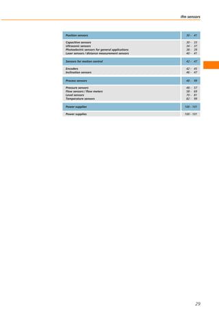 ifm sensors
29
Position sensors 30 - 41
Capacitive sensors
Ultrasonic sensors
Photoelectric sensors for general applications
Laser sensors / distance measurement sensors
30 - 33
34 - 37
38 - 39
40 - 41
Sensors for motion control 42 - 47
Encoders
Inclination sensors
42 - 45
46 - 47
Process sensors 48 - 99
Pressure sensors
Flow sensors / flow meters
Level sensors
Temperature sensors
48 - 57
58 - 69
70 - 81
82 - 99
Power supplies 100 - 101
Power supplies 100 - 101
 