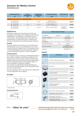 29
(04.2016)
Sensoren für Motion Control
Weiterführende technische Daten erhalten Sie im Internet unter: www.ifm.com
ifm-Service-Telefon 0800 16 16 16 4 · Mo - Fr 7.00 - 18.00 (nur D)
Betriebsspannung
[V]
Anlauf-
überbrückung
[s]
Umgebungs-
temperatur
[°C]
ATEX-ZulassungStrombelastbarkeit
[mA]
Bestell-
Nr.
Induktiver Sensor M30 x 1,5 · Anschlussleitung
20...250 AC/DC
(45...65 Hz, AC)
12 -25...80 –
350 AC (50 °C),
250 AC / 100 DC (80 °C)
DI0101
20...250 AC/DC
(45...65 Hz, AC)
< 0,5 -25...80 –
350 AC (50 °C),
250 AC / 100 DC (80 °C)
DI0104
20...250 AC/DC
(45...65 Hz, AC)
12 -20...60
Gruppe II,
Kategorie 3D
200 AC / 100 DC (60 °C) DI103A
Drehzahlsensoren
Einstellbereich [Imp/min] 5...3600
Schaltpunktabgleich
Mehrgang-
Potentiometer
Schaltzustandsanzeige LED 2 x gelb
Gehäusewerkstoffe
Messing
spezialbeschichtet;
PA (Polyamid); TPE-U
Anschluss PUR-Kabel, 2 m
Schutzart IP 65, IP 67
Schutzklasse II
Weitere technische DatenApplikationen
Besonders im Bereich der Fördertechnik finden die
kompakten Drehzahlsensoren vielfältige Verwendungs-
möglichkeiten, zum Beispiel zur Überwachung von
Gurtförderern oder Becherelevatoren. Hier dienen sie
typischerweise zur Überwachung von Sollwertunter-
schreitung oder Blockieren beziehungsweise Stillstand.
Vorteile
Die Drehzahlsensoren beinhalten die komplette Dreh-
zahlüberwachung, da Auswerteelektronik und Sensor
in einem Gehäuse integriert sind. Der Schaltpunkt wird
mittels Mehrgangpotentiometer eingestellt. Hysterese
und Anlaufüberbrückungszeit sind fest eingestellt.
Funktionsweise
Der integrierte Sensor wird durch vorbeilaufende Nocken
oder andere metallische Schaltfahnen bedämpft. Die
Auswertung ermittelt aus dem zeitlichen Abstand der
Bedämpfungen die Periodendauer beziehungsweise die
Frequenz (Drehzahl Istwert) und vergleicht diese mit
dem eingestellten Schaltpunkt (Sollwert).
Der Ausgang ist während der Anlaufüberbrückung
und wenn die Drehzahl größer als der eingestellte Schalt-
wert ist durchgeschaltet.
Eine LED signalisiert das Unterschreiten der Solldrehzahl
und das Abschalten des Ausgangs.
Die Maße
80
75,5
M30x1,5
5,4
2,2
36
5
1
LEDs
1) Potentiometer
WH
BK
L1
L+
L
N
Anschlussschema
Nockenrad E89010
Befestigungsschelle mit Festanschlag für
Bauformen M30
E11049
Befestigungsschelle mit Reduzierhülse für
Bauformen M30
E10077
Befestigungswinkel für
Bauformen M30
E10737
Flachmuttern, Messing vernickelt E10030
Flachmuttern, V4A (1.4571) E10031
Montageset, Fläche M12
Klemmzylindermontage, Ø 30,2 mm
E20873
Montageset, Aluprofil
Klemmzylindermontage, Ø 30,2 mm
E20875
Schelle mit Bedämpfungsnocken E89013
Zubehör
Bauform Ausführung Bestell-
Nr.
 