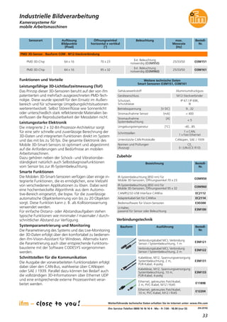 33
(04.2016)
Kamerasysteme für
mobile Arbeitsmaschinen
Bezeichnung Bestell-
Nr.
IR-Systembeleuchtung (850 nm) für
Mobile 3D-Sensoren, Öffnungswinkel 70 x 23
O3M950
IR-Systembeleuchtung (850 nm) für
Mobile 3D-Sensoren, Öffnungswinkel 95 x 32
O3M960
Weitere technische Daten
Smart Sensoren O3M151, O3M161
Zubehör
Gehäusewerkstoff Aluminiumdruckguss
Geräteanschluss M12-Steckverbinder
Schutzart,
Schutzklasse
IP 67 / IP 69K,
III
Betriebsspannung [V DC] 9...32
Funktionen und Vorteile
Leistungsfähige 3D-Lichtlaufzeitmessung (ToF)
Das Prinzip dieser 3D-Sensoren beruht auf der von ifm
patentierten und mehrfach ausgezeichneten PMD-Tech-
nolgie. Diese wurde speziell für den Einsatz im Außen-
bereich und für schwierige Umgebungslichtsituationen
weiterentwickelt. Selbst Störeinflüsse wie Sonnenlicht
oder unterschiedlich stark reflektierende Materialien be-
einflussen die Reproduzierbarkeit der Messdaten nicht.
Leistungsstarke Elektronik
Die integrierte 2 x 32-Bit-Prozessor-Architektur sorgt
für eine sehr schnelle und zuverlässige Berechnung der
3D-Daten und integrierten Funktionen direkt im System
und das mit bis zu 50 fps. Die gesamte Elektronik des
Mobile 3D-Smart-Sensors ist optimiert und abgestimmt
auf die Anforderungen und Bedürfnisse an mobilen
Arbeitsmaschinen.
Dazu gehören neben der Schock- und Vibrationsbe-
ständigkeit natürlich auch Selbstdiagnosefunktionen
vom Sensor bis zur IR-Systembeleuchtung.
Smarte Funktionen
Die Mobilen 3D-Smart-Sensoren verfügen über einige in-
tegrierte Funktionen, die es ermöglichen, eine Vielzahl
von verschiedenen Applikationen zu lösen. Dabei wird
eine hochentwickelte Algorithmik aus dem Automo-
tive-Bereich eingesetzt, die bspw. für die zuverlässige
automatische Objekterkennung von bis zu 20 Objekten
sorgt. Diese Funktion kann z. B. als Kollisionswarnung
verwendet werden.
Für einfache Distanz- oder Abstandsaufgaben stehen
typische Funktionen wie minimaler / maximaler / durch-
schnittlicher Abstand zur Verfügung.
Systemparametrierung und Monitoring
Die Parametrierung des Systems und das Live-Monitoring
der 3D-Daten erfolgt über den komfortabel zu bedienen-
den ifm-Vision-Assistant für Windows. Alternativ kann
die Parametrierung auch über entsprechende Funktions-
bausteine mit der Software CODESYS vorgenommen
werden.
Schnittstellen für die Kommunikation
Die Ausgabe der vorverarbeiteten Funktionsdaten erfolgt
dabei über den CAN-Bus, wahlweise über CANopen
oder SAE J 1939. Parallel dazu können bei Bedarf auch
die vollständigen 3D-Informationen über Ethernet UDP
und eine entsprechende externe Prozesseinheit verar-
beitet werden.
Stromaufnahme Sensor [mA] < 400
Stromaufnahme [A]
Systembeleuchtung
< 5
Umgebungstemperatur [°C] -40...85
Schnittstellen
1 x CAN,
1 x Fast Ethernet
Unterstützte CAN-Protokolle CANopen, SAE J 1939
Normen und Prüfungen
(Auszug)
CE,
E1 (UN-ECE R10)
Weiterführende technische Daten erhalten Sie im Internet unter: www.ifm.com
ifm-Service-Telefon 0800 16 16 16 4 · Mo - Fr 7.00 - 18.00 (nur D)
Industrielle Bildverarbeitung
CAN/RS232-USB Interface CANfox EC2112
Adapterkabel-Set für CANfox EC2114
Bediensoftware für Vision-Sensoren E3D300
U-Halter,
passend für Sensor oder Beleuchtung
E3M100
Verbindungstechnik
Verbindungskabel MCI, Verbindung
Sensor / Systembeleuchtung, 1 m
E3M121
Verbindungskabel MCI, Verbindung
Sensor / Systembeleuchtung, 2 m
E3M122
Bauform Ausführung Bestell-
Nr.
Kabeldose, M12, Spannungsversorgung
Systembeleuchtung, 2 m,
PUR-Kabel, 4-polig
E3M131
Kabeldose, M12, Spannungsversorgung
Systembeleuchtung, 10 m,
PUR-Kabel, 4-polig
E3M133
Ethernet, gekreuztes Patchkabel,
2 m, PVC-Kabel, M12 / RJ45
E11898
Ethernet, gekreuztes Patchkabel,
10 m, PVC-Kabel, M12 / RJ45
E12204
Sensorart Auflösung
Bildpunkte
[Pixel]
BeleuchtungÖffnungswinkel
horizontal x vertikal
[°]
Bestell-
Nr.
PMD 3D-Sensor · Bauform O3M · M12-Steckverbindung
PMD 3D-Chip 64 x 16
Ext. Beleuchtung
notwendig (O3M950)
70 x 23 O3M151
max.
Messrate
[Hz]
25/33/50
PMD 3D-Chip 64 x 16
Ext. Beleuchtung
notwendig (O3M960)
95 x 32 O3M16125/33/50
 