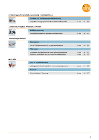 5
Elektronische 24-V-Sicherung (04.2016)
Zubehör
Kompakte Schwingungsüberwachung für zwei Messpunkte
Systeme zur Schwingungsüberwachung
(11.2015)
Systeme zur Zustandsüberwachung von Maschinen
Leistungsmanagement in mobilen Arbeitsmaschinen
Mobilsteuerungen
(11.2015)
Systeme für mobile Arbeitsmaschinen
84 - 85
86 - 87
Leistungsstarkes Schaltnetzteil mit enormer Leistungsreserve
24 V DC Schaltnetzteile
(04.2016)
Netzteile
94 - 95
96 - 97
Von der Fabrikautomation bis zur Werkzeugindustrie
Kabeldosen
(11.2015)
Verbindungstechnik
88 - 89
Für Hygiene- und Nassbereiche in der Lebensmittelindustrie
Die sichere Verbindung auch in schwierigen Applikationen
T-Verteiler
(11.2015)
(11.2015)
90 - 91
92 - 93
 