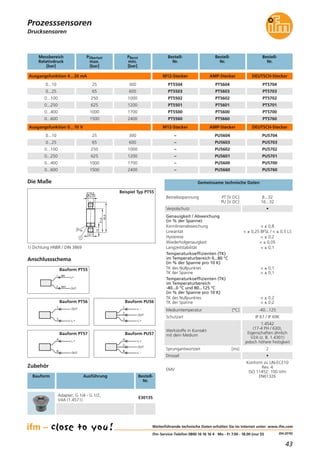 43
(04.2016)
Drucksensoren
Zubehör
Bauform Ausführung Bestell-
Nr.
Betriebsspannung PT [V DC]
PU [V DC]
8...32
16...32
Gemeinsame technische Daten
Mediumtemperatur [°C] -40...125
Werkstoffe in Kontakt
mit dem Medium
1.4542
(17-4 PH / 630),
Eigenschaften ähnlich
V2A (z. B. 1.4301)
jedoch höhere Festigkeit
Schutzart IP 67 / IP 69K
Sprungantwortzeit [ms] 2
Drossel •
EMV
Konform zu UN-ECE10
Rev. 4
ISO 11452: 100 V/m
EN61326
Verpolschutz •
Adapter; G 1/4 - G 1/2,
V4A (1.4571)
E30135
Weiterführende technische Daten erhalten Sie im Internet unter: www.ifm.com
ifm-Service-Telefon 0800 16 16 16 4 · Mo - Fr 7.00 - 18.00 (nur D)
Prozesssensoren
PU5704
PU5703
PU5702
PU5701
PU5700
PU5760
PU5604
PU5603
PU5602
PU5601
PU5600
PU5660
Genauigkeit / Abweichung
(in % der Spanne)
Kennlinienabweichung
Linearität
Hysterese
Wiederholgenauigkeit
Langzeitstabilität
Temperaturkoeffizienten (TK)
im Temperaturbereich 0...80 °C
(in % der Spanne pro 10 K)
TK des Nullpunktes
TK der Spanne
Temperaturkoeffizienten (TK)
im Temperaturbereich
-40...0 °C und 80...125 °C
(in % der Spanne pro 10 K)
TK des Nullpunktes
TK der Spanne
< ± 0,8
< ± 0,25 BFSL / < ± 0,5 LS
< ± 0,2
< ± 0,05
< ± 0,1
< ± 0,1
< ± 0,1
< ± 0,2
< ± 0,2
L+
BN1
WH2
OUT
Anschlussschema
Die Maße
12
65,9
51,6
M12x1
18,9
G
1 4
/
19
1
Beispiel Typ PT55
1) Dichtung HNBR / DIN 3869
Bauform PT55
1
2
3
OUT
L +
L -
Bauform PU56
A
B
OUT
+L
A
C
B
OUT
L -
L +L +
Bauform PU57Bauform PT57
Messbereich
Relativdruck
[bar]
PÜberlast
max.
[bar]
PBerst
min.
[bar]
Ausgangsfunktion 4…20 mA
0...10 25 300
0...25 65 600
0...100 250 1000 PT5702
0...250 625 1200 PT5701
0...400 1000 1700 PT5700
0...600 1500 2400 PT5760
Ausgangsfunktion 0…10 V
0...10 300
0...25 600
0...100 1000
PT5602
0...250 1200
PT5601
0...400 1700
PT5600
0...600 2400
PT5660
PT5502
PT5501
PT5500
PT5560
25
65
250
625
1000
1500
Bestell-
Nr.
PT5504
M12-Stecker
PT5503
Bestell-
Nr.
PT5604
AMP-Stecker
PT5603
Bestell-
Nr.
PT5704
DEUTSCH-Stecker
–
–
–
–
–
M12-Stecker
–
AMP-Stecker DEUTSCH-Stecker
PT5703
1
3
L +
OUT
Bauform PT56
 