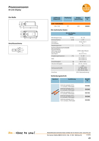49
(11.2015)
IO-Link-Display
Weiterführende technische Daten erhalten Sie im Internet unter: www.ifm.com
ifm-Service-Telefon 0800 16 16 16 4 · Mo - Fr 7.00 - 18.00 (nur D)
Prozesssensoren
Auflösung
Bildpunkte
Displaytyp Display-
beleuchtung
Bestell-
Nr.
1,44 " Farb-Display
128 x 128 TFT LED E30391
BN1
BK4
BU3
L+
L
OUT
Anschlussschema
Die Maße
45
34
86
101
39,5
11
M12x1
Die technische Daten
IO-Link-Display
E30391
Betriebsspannung [V DC] 18...30
Stromaufnahme [mA] < 47
Schutzart /
Schutzklasse
IP 65, IP 67 /
III
Verpolungsschutz •
Umgebungstemperatur [°C] 0...60
EMV
EN 61000-6-2
EN 61000-6-4
Schockfestigkeit [g] 20 (11 ms)
Vibrationsfestigkeit [g] 20 (10...50 Hz)
Gehäusewerkstoffe
V2A
(1.4305 / 303);
PC; PBT-GF 30;
PPS; PA 6.6; FKM
Anschluss M12-Steckverbindung
Kommunikationsschnittstelle
IO-Link-Device
Übertragungstyp
IO-Link Revision
SDCI-Norm
COM2 (38,4 kBaud)
1.1
IEC 61131-9
Verbindungstechnik
Bauform Ausführung Bestell-
Nr.
Verbindungskabel, M12,
1 m schwarz, PUR-Kabel
EVC042
Verbindungskabel, M12,
2 m schwarz, PUR-Kabel
EVC043
Verbindungskabel, M12,
3 m schwarz, PUR-Kabel
EVC102
Verbindungskabel, M12,
5 m schwarz, PUR-Kabel
EVC044
Verbindungskabel, M12,
10 m schwarz, PUR-Kabel
EVC493
 