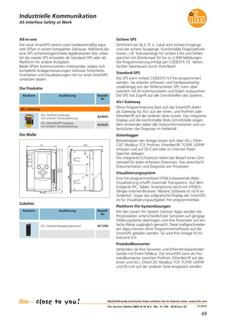69
(11.2015)
Die Produkte
Bestell-
Nr.
AS-i Profinet-Gateway
mit sicherer Vorverarbeitung
AC402S
AS-i EtherNet/IP Gateway
mit sicherer Vorverarbeitung
AC422S
Die Maße
106,293
135,5
128,2
AS-Interface Safety at Work
Industrielle Kommunikation
Bauform Ausführung
AS-i Gateway
Weiterführende technische Daten erhalten Sie im Internet unter: www.ifm.com
ifm-Service-Telefon 0800 16 16 16 4 · Mo - Fr 7.00 - 18.00 (nur D)
Zubehör
Bestell-
Nr.
AS-i Datenentkopplungsmodul AC1250
Bauform Ausführung
Sichere SPS
Zertifiziert bis SIL3, PL e. Lokal acht sichere Eingänge
und vier sichere Ausgänge. Komfortable Diagnosefunk-
tionen, z.B. Statusanzeige für sichere E/As und Fehler-
speicher mit Zeitstempel für bis zu 2.000 Meldungen.
Die Programmierung erfolgt per CODESYS V3. Verein-
fachter Slavetausch durch AutoTeach.
Standard-SPS
Die SPS kann mittels CODESYS V3 frei programmiert
werden. Sie arbeitet software- und hardewareseitig
unabhängig von der fehlersicheren SPS, kann aber
natürlich mit ihr kommunizieren und Daten austauschen.
Die SPS hat Zugriff auf alle Schnittstellen des Systems.
AS-i Gateway
Ohne Programmierung lässt sich die SmartSPS direkt
als Gateway für AS-i auf der einen, und Profinet oder
EtherNet/IP auf der anderen Seite nutzen. Das integrierte
Display und die komfortable Web-Schnittstelle zeigen
dem Anwender dabei alle Statusinformationen und un-
terstützten die Diagnose im Fehlerfall.
Datenlogger
Betriebsdaten der Anlage lassen sich über AS-i, Ether-
CAT, Modbus TCP, Profinet, EtherNet/IP, TCP/IP, UDP/IP
erfassen und auf SD-Card oder im internen Flash-
Speicher ablegen.
Die integrierte Echtzeituhr liefert bei Bedarf einen Zeit-
stempel für jeden erfassten Datensatz. Das vereinfacht
Dokumentation und Diagnose von Prozessen.
Visualisierungssystem
Eine frei programmierbare HTML5-basierende Web-
Visualisierung schafft maximale Transparenz. Auf dem
Endgerät (PC, Tablet, Smartphone) reicht ein HTML5-
fähiger Internet-Browser. Weitere Software ist nicht er-
forderlich. Sogar das vollgrafische Display der SmartSPS
ist für Visualisierungsaufgaben frei programmierbar.
Plattform ifm-Systemlösungen
Mit den neuen ifm System Solution Apps werden die
Prozessdaten unterschiedlichster Sensoren auf gängige
Feldbussysteme übertragen und ihre Parameter auf ein-
fache Weise zugänglich gemacht. Diese maßgeschneider-
ten Apps können ohne Programmiersoftware auf die
SmartSPS geladen werden. So wird Ihre Anlage fit für
Industrie 4.0.
Protokollkonverter
Verbinden Sie Ihre Sensoren und Ethernet-basierenden
Geräte mit Ihrem Feldbus: Die SmartSPS kann als Pro-
tokollkonverter zwischen Profinet, EtherNet/IP auf der
einen und AS-i, EtherCAT, Modbus TCP, TCP/IP, UDP/IP
und IO-Link auf der anderen Seite eingesetzt werden.
All-in-one
Die neue SmartSPS vereint zwei hardwaremäßig sepa-
rate SPSen in einem kompakten Gehäuse. Während die
eine SPS sicherheitsgerichtete Applikationen löst, arbei-
tet die zweite SPS entweder als Standard-SPS oder als
Plattform für andere Aufgaben.
Beide SPSen kommunizieren miteinander, sodass sich
komplette Anlagensteuerungen inklusive Sicherheits-
funktionen und Visualisierungen mit nur einer SmartSPS
umsetzen lassen.
 