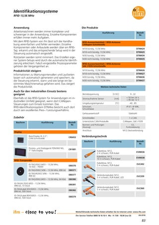 83
(04.2016)
RFID 13,56 MHz
Anwendung
Arbeitsmaschinen werden immer komplexer und
schwieriger in der Anwendung. Einzelne Komponenten
erfüllen immer mehr Aufgaben.
Mit dem RFID-System von ifm lässt sich die Handha-
bung vereinfachen und Fehler vermeiden: Einzelne
Komponenten oder Anbauteile werden über ein RFID-
Tag erkannt und das entsprechende Setup wird in der
Steuerung automatisch eingestellt.
Rüstzeiten werden somit minimiert. Das Erstellen eige-
ner System-Setups wird durch die automatische Identifi-
zierung erleichtert. Falsch eingestellte Prozessparameter
gehören der Vergangenheit an.
Produktivität steigern
Informationen zu Wartungsintervallen und Laufzeiten
lassen sich automatisch generieren und speichern, da
die Steuerung erkennt, wann und wie lange ein be-
stimmtes Maschinensetup gefahren wird. Das steigert
die Produktivität.
Auch für den industriellen Einsatz bestens
geeignet
Ebenfalls ist das RFID-System für Anwendungen im in-
dustriellen Umfeld geeignet, wenn dort CANopen-
Steuerungen zum Einsatz kommen. Das
RFID-Identifikationssystem DTM4xx besticht auch dort
durch sein exzellentes Preis- / Leistungsverhältnis.
Weiterführende technische Daten erhalten Sie im Internet unter: www.ifm.com
ifm-Service-Telefon 0800 16 16 16 4 · Mo - Fr 7.00 - 18.00 (nur D)
Identifikationssysteme
Ausführung Bestell-
Nr.
DTM424M18 bündig, 13,56 MHz
DTM425M18 nicht bündig, 13,56 MHz
DTM434M30 bündig, 13,56 MHz
DTM435M30 nicht bündig, 13,56 MHz
E80370
ID-TAG/30X2.8/03 – 13,56 MHz,
16 Kbit – FRAM
E80371ID-TAG/30X2.5/06 – 13,56 MHz, 896 bit
E80377
ID-TAG/R20X2.5/06 – 13,56 MHz,
896 bit
RFID-Auswerteeinheit / RFID-Antenne
CANopen-Schnittstelle
DTM426M18 bündig, 13,56 MHz
DTM427M18 nicht bündig, 13,56 MHz
DTM436M30 bündig, 13,56 MHz,
DTM437M30 nicht bündig, 13,56 MHz
RFID-Auswerteeinheit / RFID-Antenne
SAE J1939-Schnittstelle
Die Produkte
E80380ID-TAG/30X2.8/03 – 13,56 MHz, 64 Kbit
E80381
ID-TAG/4.35X3.6/03 – 13,56 MHz,
896 bit, 10 Stück
E80382
ID-TAG/Label 65X30/03 – 13,56 MHz,
896 bit, 500 Stück
E80379
ID-TAG/Label 80X50/03 – 13,56 MHz,
896 bit, 500 Stück
RFID-Transponder
Weitere technische Daten
Betriebsspannung [V DC] 9...32
Stromaufnahme Sensor [mA]
< 50 bei 24 V,
< 85 bei 12 V
Umgebungstemperatur [°C] -40...85
Schutzart,
Schutzklasse
IP 67 / IP 69K,
III
Gehäusewerkstoff Edelstahl
Schnittstellen 1 x CAN
Unterstützte CAN-Protokolle CANopen, SAE J1939
Normen und Prüfungen
(Auszug)
CE,
Funkzulassung
Anschluss M12-Steckverbindung
Verbindungstechnik
Bauform Ausführung Bestell-
Nr.
Verbindungskabel, M12,
5 m schwarz, PUR-Kabel, LED
EVC039
Verbindungskabel, M12,
5 m schwarz, PUR-Kabel
EVC069
Kabeldose, M12,
2 m schwarz, PUR-Kabel
EVM036
Kabeldose, M12,
10 m schwarz, PUR-Kabel
EVM038
Kabeldose, M12,
5 m schwarz, PUR-Kabel
EVC492
Zubehör
BasicDisplay XL 4,3",
CAN-Schnittstelle
CR0452
Prozess- und Dialoggerät PDM360 NG,
7" Farb-Display
CR1081
Display
Bauform Ausführung Bestell-
Nr.
 