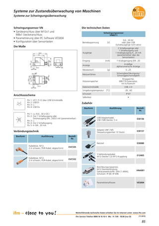 85
(11.2015)
Systeme zur Schwingungsüberwachung
Die technischen Daten
Betriebsspannung [V]
9,6...30 DC
oder über USB
(Schaltausgänge nicht aktiv)
Schutzart IP 67
Umgebungstemperatur [°C] -30...60
Selbsttest •
Schwingungssensor
VNB211
Die Maße
M12x1
51
62,4
14
6
5,3
36
20
M5
37,6
5
10
4
5,3
M8x1
Schwingungssensor VN
• Geräteanschluss über M12x1 und
M8x1 Steckeranschluss
• Parametrierung über PC Software VES004
• Konfiguration über Sensortasten
Datenschnittstelle USB; 2.0
Historienspeicher
Ringspeicher,
686774 Datensätze,
mit Echtzeituhr
Zubehör
Bauform Ausführung Bestell-
Nr.
USB-Adapterkabel,
USB / M8-Stecker, 5 m
E30136
Adapter UNF / M5
(Verpackungseinheit 10 Stück)
E30137
Netzteil E30080
Y-Verbindungskabel,
M12-Stecker / 2x M12-Kupplung
E12405
Beschleunigungssensor,
M12-Steckverbindung,
Gehäusewerkstoffe: V4A (1.4404),
Schutzart: IP 68 / IP 69K
VNA001
Parametriersoftware VES004
Ausgänge
2 Schaltausgänge oder
1 Schaltausgang und
1 Analogausgang 4...20 mA
(parametrierbar über die
Sensortasten)
Eingang [mA] 1 Analogeingang 0/4...20
Anzeige
4-stellige
alphanumerische Anzeige
Messbereich [g] 0...25
Messverfahren
Schwingbeschleunigung /
Schwinggeschwindigkeit
Verbindungstechnik
Bauform Ausführung Bestell-
Nr.
Kabeldose, M12,
2 m schwarz, PUR-Kabel, abgeschirmt
EVC535
Kabeldose, M12,
2 m schwarz, PUR-Kabel, abgeschirmt
EVC532
Anschlussschema
4
3
2
1
4
2 1
3
5
Pin 1: VCC (5 V) über USB-Schnittstelle
Pin 2: USB D-
Pin 3: L-
Pin 4: USB D+
Pin 1: L+ (9,6...30 V DC)
Pin 2: Out 1 Schaltausgang oder
Stromausgang 0/4...20/22 mA (parametrierbar)
Pin 3: L-
Pin 4: Out 2 Schaltausgang
Pin 5: In 0/4...20 mA
Systeme zur Zustandsüberwachung von Maschinen
Weiterführende technische Daten erhalten Sie im Internet unter: www.ifm.com
ifm-Service-Telefon 0800 16 16 16 4 · Mo - Fr 7.00 - 18.00 (nur D)
 
