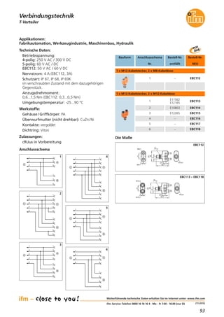 93
(11.2015)
Technische Daten:
Betriebsspannung:
4-polig: 250 V AC / 300 V DC
5-polig: 60 V AC / DC
EBC112: 50 V AC / 60 V DC
Nennstrom: 4 A (EBC112, 3A)
Schutzart: IP 67, IP 68, IP 69K
im verschraubten Zustand mit dem dazugehörigen
Gegenstück.
Anzugsdrehmoment:
0,6...1,5 Nm (EBC112: 0,3...0,5 Nm)
Umgebungstemperatur: -25...90 °C
Werkstoffe:
Gehäuse / Griffkörper: PA
Überwurfmutter (nicht drehbar): CuZn/Ni
Kontakte: vergoldet
Dichtring: Viton
Zulassungen:
cRUus in Vorbereitung
Applikationen:
Fabrikautomation, Werkzeugindustrie, Maschinenbau, Hydraulik
Die Maße
M8x1
48,7
16
38
9
21
M8x1
C
B
A
4,3 M12x1
14
EBC112
M12x1
48,7
16
38
9
21
M12x1
C
B
A
4,3 M12x1
14
EBC113 – EBC118
Bauform Anschlussschema
Nr.
Bestell-Nr.
NEU
Bestell-Nr.
entfällt
1 x M12-Kabelstecker, 2 x M12-Kabeldose
1 EBC113
E11562
E12165
2 EBC114
3 EBC115
4 EBC116
E10803
1 x M12-Kabelstecker, 2 x M8-Kabeldose
1 EBC112–
E12265
–
5 EBC117
6 EBC118
–
–
T-Verteiler
Verbindungstechnik
Weiterführende technische Daten erhalten Sie im Internet unter: www.ifm.com
ifm-Service-Telefon 0800 16 16 16 4 · Mo - Fr 7.00 - 18.00 (nur D)
4
1 1
3
4
3
2
B
A
1
3
4
C
Anschlussschema
1 1
33
55
B
A
2
4
2
1
3
5
4
2
4
C
1 1
3
5
3
5
44
B
A
1
3
5
4
2
C
1 1
2
3
2
3
4
B
A
1
2
3
4
5
5
4
5
C
1
2
3
4
1 1
3
5
3
5
22
B
A
1
3
5
2
4
C
5
1 1
3
5
4
3
4
B
A
1
3
4
5
C
5
6
 