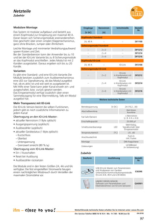 97
(04.2016)
Netzteile
Weiterführende technische Daten erhalten Sie im Internet unter: www.ifm.com
ifm-Service-Telefon 0800 16 16 16 4 · Mo - Fr 7.00 - 18.00 (nur D)
SchnittstelleEingänge
[V DC]
Bestell-
Nr.
Kopfmodul Standard
–24, 40 A DF1100
Nennstrom
[A]
–
Sicherungsmodul Standard
–– DF12122 x 2
–– DF12142 x 4
–– DF12162 x 6
Zubehör
Betriebsspannung [V DC] 24 (19,2...30)
Abschaltkennlinie
Zeit-Strom
Kennlinie
Temperaturbereich [°C] -25...60
Anschlusstechnik
Push-In
inkl. Pusher
Montage DIN-Tragschiene
Zulassungen
UL508listed
(in Vorbereitung)
Fail Safe Element
= Nennstrom
(z. B. 4 A = 4 A)
Einschaltkapazität 20.000 μF
Schaltzustandsanzeige LED
Mehrfarbig,
Signalkontakt über
Einspeisemodul
Weitere technische Daten
Modulare Montage
Das System ist modular aufgebaut und besteht aus
einem Kopfmodul zur Einspeisung von maximal 40 A.
Daran lassen sich Sicherungsmodule aneinanderreihen.
Dies geschieht über einen simplen Klappmechanismus,
ganz ohne Brücken, Jumper oder Ähnlichem.
Leichte Montage und minimierter Verdrahtungsaufwand
sparen Kosten und Zeit.
Bei der Standardversion kann der Anwender bis zu 10
und bei der IO-Link Variante bis zu 8 Sicherungsmodule
an das Kopfmodul anschließen. Jedes Modul ist mit 2
Kanälen ausgestattet. Daraus ergeben sich bis zu 20
Kanäle.
Varianten
Es gibt eine Standard- und eine IO-Link-Variante.Die
Module besitzen zusätzlich zum Auslösemechanismus
eine LED zur Signalisierung, ob das Modul ausgelöst
hat, ob es aktiv ist und wie weit es ausgelastet ist.
Mit Hilfe einer Taste kann jeder Kanal einzeln ein- und
ausgeschaltet, bzw. zurück gesetzt werden.
Das Einspeisemodul verfügt zusätzlich über einen
Sammelausgang für eine Warnmeldung, falls ein Modul
ausgelöst hat.
Mehr Transparenz mit IO-Link
Die IO-Link Version besitzt die selben Funktionen,
jedoch gibt es noch zusätzliche Informationen zu
jedem Kanal:
Übertragung an den IO-Link-Master:
• aktueller Nennstrom (1 Byte zyklisch)
• Ausgangsspannung (azyklisch)
• Auslösezähler (azyklisch)
• aktueller Gerätestatus (1 Byte zyklisch):
– Kurzschluss
– Überlast
– Unterspannung
– Grenzwert erreicht (80 % IN)
Übertragung vom IO-Link-Master:
• Ein- / Ausschalten
• Reset bei Auslösung
• Auslösezähler rücksetzen
Die Module sind in den festen Größen 2A, 4A und 6A
verfügbar. Die fest eingestellten Stromwerte beugen
einem nachträglichen Missbrauch durch Verstellen der
maximalen Stromstärke vor.
Kopfmodul IO-Link
IO-Link24, 40 A DF2100–
Sicherungsmodul IO-Link
IO-Link
in Kombination mit
Kopfmodul
– DF22122 x 2
IO-Link
in Kombination mit
Kopfmodul
– DF22142 x 4
IO-Link
in Kombination mit
Kopfmodul
– DF22162 x 6
Zubehör
Bauform Ausführung Bestell-
Nr.
USB IO-Link Master zum Parametrieren
und Analysieren von Geräten
Unterstützte Kommunikationsprotokolle:
IO-Link (4.8, 38.4 und 230 kBit/s)
E30390
LINERECORDER-SENSOR,
Software zum Parametrieren und
Inbetriebnehmen von IO-Link-Sensoren
QA0001
 
