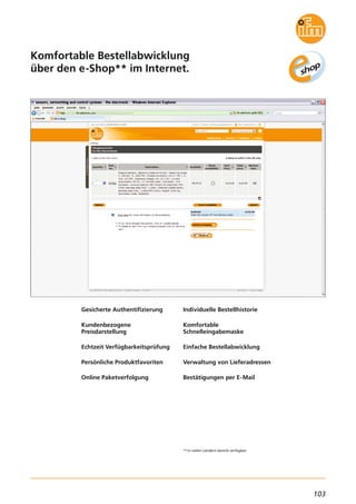 103
Komfortable Bestellabwicklung
über den e-Shop** im Internet.
Gesicherte Authentifizierung
Kundenbezogene
Preisdarstellung
Echtzeit Verfügbarkeitsprüfung
Persönliche Produktfavoriten
Online Paketverfolgung
Individuelle Bestellhistorie
Komfortable
Schnelleingabemaske
Einfache Bestellabwicklung
Verwaltung von Lieferadressen
Bestätigungen per E-Mail
**in vielen Ländern bereits verfügbar.
 