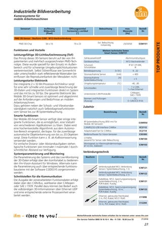 27
(11.2014)
TOPPRODUKTE
Kamerasysteme für
mobile Arbeitsmaschinen
Bezeichnung Bestell-
Nr.
IR-Systembeleuchtung (850 nm) für
Mobile 3D-Sensoren
O3M950
Weitere technische Daten
Smart Sensor O3M151
Zubehör
Gehäusewerkstoff Aluminiumdruckguss
Geräteanschluss M12-Steckverbinder
Schutzart,
Schutzklasse
IP 67 / IP 69K,
III
Betriebsspannung [V DC] 9...32
Funktionen und Vorteile
Leistungsfähige 3D-Lichtlaufzeitmessung (ToF)
Das Prinzip dieses 3D-Sensors beruht auf der von ifm
patentierten und mehrfach ausgezeichneten PMD-Tech-
nolgie. Diese wurde speziell für den Einsatz im Außen-
bereich und für schwierige Umgebungslichtsituationen
weiterentwickelt. Selbst Störeinflüsse wie Sonnenlicht
oder unterschiedlich stark reflektierende Materialien be-
einflussen die Reproduzierbarkeit der Messdaten nicht.
Leistungsstarke Elektronik
Die integrierte 2 x 32-Bit-Prozessor-Architektur sorgt
für eine sehr schnelle und zuverlässige Berechnung der
3D-Daten und integrierten Funktionen direkt im System
und das mit bis zu 50 fps. Die gesamte Elektronik des
Mobile 3D-Smart-Sensors ist optimiert und abgestimmt
auf die Anforderungen und Bedürfnisse an mobilen
Arbeitsmaschinen.
Dazu gehören neben der Schock- und Vibrationsbe-
ständigkeit natürlich auch Selbstdiagnosefunktionen
vom Sensor bis zur IR-Systembeleuchtung.
Smarte Funktionen
Der Mobile-3D-Smart-Sensor verfügt über einige inte-
grierte Funktionen, die es ermöglichen, eine Vielzahl
von verschiedenen Applikationen zu lösen. Dabei wird
eine hochentwickelte Algorithmik aus dem Automo-
tive-Bereich eingesetzt, die bspw. für die zuverlässige
automatische Objekterkennung von bis zu 20 Objekten
sorgt. Diese Funktion kann z. B. als Kollisionswarnung
verwendet werden.
Für einfache Distanz- oder Abstandsaufgaben stehen
typische Funktionen wie minimaler / maximaler / durch-
schnittlicher Abstand zur Verfügung.
Systemparametrierung und Monitoring
Die Parametrierung des Systems und das Live-Monitoring
der 3D-Daten erfolgt über den komfortabel zu bedienen-
den ifm-Vision-Assistant für Windows. Alternativ kann
die Parametrierung auch über entsprechende Funktions-
bausteine mit der Software CODESYS vorgenommen
werden.
Schnittstellen für die Kommunikation
Die Ausgabe der vorverarbeiteten Funktionsdaten erfolgt
dabei über den CAN-Bus, wahlweise über CANopen
oder SAE J 1939. Parallel dazu können bei Bedarf auch
die vollständigen 3D-Informationen über Ethernet UDP
und eine entsprechende externe Prozesseinheit verar-
beitet werden.
Stromaufnahme Sensor [mA] < 400
Stromaufnahme [A]
Systembeleuchtung
< 5
Umgebungstemperatur [°C] -40...85
Schnittstellen
1 x CAN,
1 x Fast Ethernet
Unterstützte CAN-Protokolle
CANopen,
SAE J 1939
Normen und Prüfungen
(Auszug)
CE,
E1 (UN-ECE R10)
Weiterführende technische Daten erhalten Sie im Internet unter: www.ifm.com
ifm-Service-Telefon 0800 16 16 16 4 · Mo - Fr 7.00 - 18.00 (nur D)
Industrielle Bildverarbeitung
CAN/RS232-USB Interface CANfox EC2112
Adapterkabel-Set für CANfox EC2114
Bediensoftware für Vision-Sensoren E3D300
U-Halter,
passend für Sensor oder Beleuchtung
E3M100
Montageset zur Klemmzylindermontage,
Ø 14 mm, Edelstahl
E3M103
Verbindungstechnik
Verbindungskabel MCI, Verbindung
Sensor / Systembeleuchtung, 1 m
E3M121
Verbindungskabel MCI, Verbindung
Sensor / Systembeleuchtung, 2 m
E3M122
Bauform Ausführung Bestell-
Nr.
Kabeldose, M12, Spannungsversorgung
Systembeleuchtung, 2 m,
PUR-Kabel, 4-polig
E3M131
Kabeldose, M12, Spannungsversorgung
Systembeleuchtung, 10 m,
PUR-Kabel, 4-polig
E3M133
Ethernet, gekreuztes Patchkabel,
2 m, PVC-Kabel, M12 / RJ45
E11898
Ethernet, gekreuztes Patchkabel,
10 m, PVC-Kabel, M12 / RJ45
E12204
Sensorart Auflösung
Bildpunkte
[Pixel]
BeleuchtungÖffnungswinkel
horizontal x vertikal
[°]
Bestell-
Nr.
PMD 3D-Sensor · Bauform O3M · M12-Steckverbindung
PMD 3D-Chip 64 x 16
Ext. Beleuchtung
notwendig
70 x 23 O3M151
max.
Messrate
[Hz]
25/33/50
 