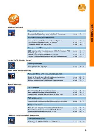 3
Smarte 3D-Sensorik – der 5. Sinn für mobile Arbeitsmaschinen
Gezielt wahrnehmen – jetzt in echtem 3D
Robustes Kamerasystem O2M für mobile Arbeitsmaschinen
Kamerasysteme für mobile Arbeitsmaschinen
(11.2014)
(11.2014)
(04.2014)
Industrielle Bildverarbeitung
Sehen was läuft. Kapazitiver Sensor schafft mehr Transparenz
Kapazitive Sensoren
Infrarotsensoren / Rotlichtsensoren
Leistungsstarke optische Sensoren im Kunststoffgehäuse
Leistungsstarke optische Sensoren „O6 wetline“
„O6 wetline“ spricht jetzt auch IO-Link
(04.2014)
(04.2014)
(11.2014)
(11.2014)
Positionssensoren
4 - 5
6 - 9
10 - 13
14 - 15
Lasersensoren / Distanzsensoren
O5D – erster optischer Standardsensor mit Lichtlaufzeitmessung (PMD)
PMD O5D – jetzt auch mit Laserklasse 1
OID mit Lichtlaufzeitmessung (PMD) und Easy-turn
OID mit Lichtlaufzeitmessung (PMD), Easy-turn und Laserklasse 1
(04.2014)
(11.2014)
(04.2014)
(11.2014)
16 - 17
18 - 19
20 - 21
22 - 23
26 - 27
28 - 29
30 - 31
Temperatursensoren
Klein aber fein: Temperaturtransmitter in Miniaturbauform
Robuste Infrarot-Temperatursensoren für heiße Objekte
Temperaturtransmitter mit Display und IO-Link
(04.2014)
(04.2014)
(04.2014)
Prozesssensoren
40 - 41
42 - 43
44 - 45
Hygienischer Grenzstandsensor blendet Anhaftungen perfekt aus (04.2014)
Füllstandsensoren
38- 39
TOPPRODUKTE
Genauigkeit in allen Neigungen
Neigungssensoren
(04.2014)
Sensoren für Motion Control
24 - 25
Drucksensoren
Drucktransmitter PU für mobile Anwendungen
Klein und kostenoptimiert: Drucktransmitter PT / PU
Update für den Bestseller: PN-Drucksensor im neuen Look
(11.2014)
(04.2014)
(11.2014)
32 - 33
34 - 35
36 - 37
XL-Dialoggerät PDM360 NG-12 für mobile Maschinen
Dialoggeräte / Displays
(11.2014)
Systeme für mobile Arbeitsmaschinen
46 - 47
 