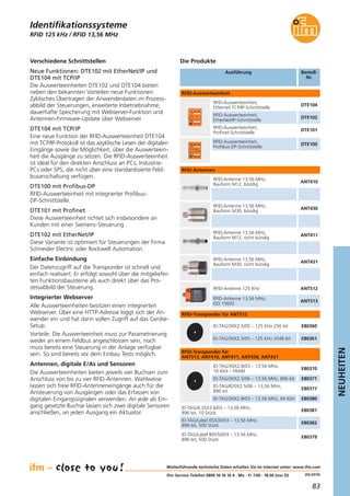 83
NEUHEITEN
(04.2014)
RFID 125 kHz / RFID 13,56 MHz
Verschiedene Schnittstellen
Neue Funktionen: DTE102 mit EtherNet/IP und
DTE104 mit TCP/IP
Die Auswerteeinheiten DTE102 und DTE104 bieten
neben den bekannten Vorteilen neue Funktionen:
Zyklisches Übertragen der Anwenderdaten im Prozess-
abbild der Steuerungen, erweiterte Inbetriebnahme,
dauerhafte Speicherung mit Webserver-Funktion und
Antennen-Firmware-Update über Webserver.
DTE104 mit TCP/IP
Eine neue Funktion der RFID-Auswerteeinheit DTE104
mit TCP/IP-Protokoll ist das azyklische Lesen der digitalen
Eingänge sowie die Möglichkeit, über die Auswerteein-
heit die Ausgänge zu setzen. Die RFID-Auswerteeinheit
ist ideal für den direkten Anschluss an PCs, Industrie-
PCs oder SPS, die nicht über eine standardisierte Feld-
busanschaltung verfügen.
DTE100 mit Profibus-DP
RFID-Auswerteeinheit mit integrierter Profibus-
DP-Schnittstelle.
DTE101 mit Profinet
Diese Auswerteeinheit richtet sich insbesondere an
Kunden mit einer Siemens-Steuerung .
DTE102 mit EtherNet/IP
Diese Variante ist optimiert für Steuerungen der Firma
Schneider Electric oder Rockwell Automation.
Einfache Einbindung
Der Datenzugriff auf die Transponder ist schnell und
einfach realisiert. Er erfolgt sowohl über die mitgeliefer-
ten Funktionsbausteine als auch direkt über das Pro-
zessabbild der Steuerung.
Integrierter Webserver
Alle Auswerteeinheiten besitzen einen integrierten
Webserver. Über eine HTTP-Adresse loggt sich der An-
wender ein und hat dann vollen Zugriff auf das Geräte-
Setup.
Vorteile: Die Auswerteeinheit muss zur Parametrierung
weder an einem Feldbus angeschlossen sein, noch
muss bereits eine Steuerung in der Anlage verfügbar
sein. So sind bereits vor dem Einbau Tests möglich.
Antennen, digitale E/As und Sensoren
Die Auswerteeinheiten bieten jeweils vier Buchsen zum
Anschluss von bis zu vier RFID-Antennen. Wahlweise
lassen sich freie RFID-Antenneneingänge auch für die
Ansteuerung von Ausgängen oder das Erfassen von
digitalen Eingangssignalen verwenden. An jede als Ein-
gang gesetzte Buchse lassen sich zwei digitale Sensoren
anschließen, an jeden Ausgang ein Aktuator.
Weiterführende technische Daten erhalten Sie im Internet unter: www.ifm.com
ifm-Service-Telefon 0800 16 16 16 4 · Mo - Fr 7.00 - 18.00 (nur D)
Identifikationssysteme
Ausführung Bestell-
Nr.
DTE102
RFID-Auswerteeinheit,
EtherNet/IP-Schnittstelle
DTE104
RFID-Auswerteeinheit,
Ethernet TCP/IP-Schnittstelle
DTE101
RFID-Auswerteeinheit,
Profinet-Schnittstelle
ANT512RFID-Antenne 125 KHz
ANT513
RFID-Antenne 13,56 MHz,
ISO 15693
E80360ID-TAG/30X2.5/05 – 125 KHz 256 bit
E80361ID-TAG/30X2.5/05 – 125 KHz 2048 bit
E80370
ID-TAG/30X2.8/03 – 13,56 MHz,
16 Kbit – FRAM
E80371ID-TAG/30X2.5/06 – 13,56 MHz, 896 bit
E80377
ID-TAG/R20X2.5/06 – 13,56 MHz,
896 bit
RFID-Auswerteeinheit
RFID-Antennen
Die Produkte
DTE100
RFID-Auswerteeinheit,
Profibus-DP-Schnittstelle
RFID-Transponder für ANT512
ANT410
RFID-Antenne 13,56 MHz,
Bauform M12, bündig
ANT430
RFID-Antenne 13,56 MHz,
Bauform M30, bündig
ANT411
RFID-Antenne 13,56 MHz,
Bauform M12, nicht bündig
ANT431
RFID-Antenne 13,56 MHz,
Bauform M30, nicht bündig
E80380ID-TAG/30X2.8/03 – 13,56 MHz, 64 Kbit
E80381
ID-TAG/4.35X3.6/03 – 13,56 MHz,
896 bit, 10 Stück
E80382
ID-TAG/Label 65X30/03 – 13,56 MHz,
896 bit, 500 Stück
E80379
ID-TAG/Label 80X50/03 – 13,56 MHz,
896 bit, 500 Stück
RFID-Transponder für
ANT513, ANT410, ANT411, ANT430, ANT431
 
