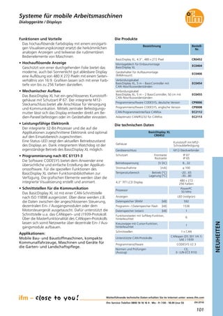 101
NEUHEITEN
(04.2014)
Dialoggeräte / Displays
Bezeichnung Bestell-
Nr.
BasicDisplay XL, 4,3", 480 x 272 Pixel CR0452
Montageblech für Einbaumontage
BasicDisplay XL
EC0404
Gerätehalter für Aufbaumontage
(RAMmount)
EC0406
Verbindungskabel
BasicDisplay XL, 5 m – BasicController mit
CAN Abschlusswiderständen
EC0454
Verbindungskabel
BasicDisplay XL, 5 m – 2 BasicController, 50 cm mit
CAN Abschlusswiderständen
EC0455
Programmiersoftware CODESYS, deutsche Version CP9006
Programmiersoftware CODESYS, englische Version CP9008
CAN-Programmierinterface CANfox EC2112
Adaptersatz CAN/RS232 für CANfox EC2113
Die technischen Daten
BasicDisplay XL
CR0452
Die Produkte
Gehäuse
Kunststoff mit M52-
Schraubbefestigung
Geräteanschluss M12-Steckverbinder
Schutzart Frontseite
Rückseite
IP 67
IP 65
Betriebsspannung [V DC] 8...32
Funktionen und Vorteile
Das hochauflösende Farbdisplay mit einem einzigarti-
gen Visualisierungskonzept ersetzt die herkömmlichen
analogen Anzeigen und teilweise die rudimentären
Bedienelemente von Maschinen.
• Hochauflösende Anzeige
Geschützt von einer durchgehenden Folie bietet das
moderne, auch bei Sonnenlicht gut ablesbare Display
eine Auflösung von 480 X 272 Pixeln mit einem Seiten-
verhältnis von 16:9. Grafiken lassen sich mit einer Farb-
tiefe von bis zu 256 Farben darstellen.
• Mechanischer Aufbau
Das BasicDisplay XL hat ein geschlossenes Kunststoff-
gehäuse mit Schutzart IP 67. Der integrierte M12-
Steckanschluss bietet alle Anschlüsse für Versorgung
und Kommunikation. Mittels zentraler Befestigungs-
mutter lässt sich das Display entweder direkt am Be-
dien-Paneel befestigen oder im Gerätehalter einrasten.
• Leistungsfähige Elektronik
Der integrierte 32-Bit-Prozesser und die auf die
Applikationen zugeschnittene Elektronik sind optimal
auf den Einsatzbereich zugeschnitten.
Eine Status-LED zeigt den aktuellen Betriebszustand
des Displays an. Dank integriertem Watchdog ist der
eigenständige Betrieb des BasicDisplay XL möglich.
• Programmierung nach IEC 61131-3
Die Software CODESYS bietet dem Anwender eine
übersichtliche und einfache Erstellung der Applikati-
onssoftware. Für die speziellen Funktionen des
BasicDisplay XL stehen Funktionsbibliotheken zur
Verfügung. Die grafischen Elemente werden über die
integrierte Visualisierung erstellt und animiert.
• Schnittstellen für die Kommunikation
Das BasicDisplay XL ist mit einer CAN-Schnittstelle
nach ISO 11898 ausgerüstet. Über diese werden z.B.
die Daten zwischen der angeschlossenen Steuerung,
dezentralen Ein- / Ausgangsmodulen oder dem
Motorsteuergerät ausgetauscht. Dafür unterstützt die
Schnittstelle u.a. das CANopen- und J1939-Protokoll.
Über die Masterfunktionalität des CANopen-Protokolls
lassen sich somit Netzwerke über dezentrale Ein- / Aus-
gangsmodule aufbauen.
Applikationen:
Mobile Bau- und Baustoffmaschinen, kompakte
Kommunalfahrzeuge, Maschinen und Geräte für
die Garten- und Landschaftspflege.
Stromaufnahme [mA] ≤ 100
Temperaturbereich Betrieb [°C]
Lagerung [°C]
-20...65
-30...80
4,3" TFT LCD Display
480 x 272
256 Farben
Prozessor
PowerPC
50 MHz
Anzeigen LED (rot/grün)
Datenspeicher SRAM [kB] 592
Programm- / Datenspeicher Flash [kB] 1536
Datenspeicher (retain) [kB] 1
Funktionstasten mit Softkey-Funktion,
hinterleuchtet
6
Kreuzwippe mit Cursor-Funktion,
hinterleuchtet
1
Schnittstellen 1 x CAN
Unterstützte CAN-Protokolle
CANopen (DS 301 V4.1)
SAE J 1939
Programmiersoftware CODESYS V2.3
Normen und Prüfungen
(Auszug)
CE,
E1 (UN-ECE R10)
Weiterführende technische Daten erhalten Sie im Internet unter: www.ifm.com
ifm-Service-Telefon 0800 16 16 16 4 · Mo - Fr 7.00 - 18.00 (nur D)
Systeme für mobile Arbeitsmaschinen
 