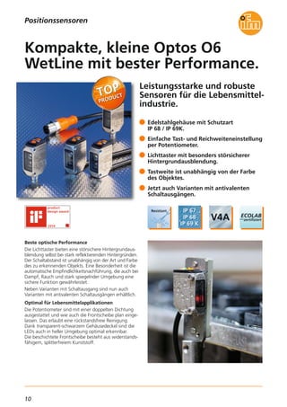 10
Leistungsstarke und robuste
Sensoren für die Lebensmittel-
industrie.
Beste optische Performance
Die Lichttaster bieten eine störsichere Hintergrundaus-
blendung selbst bei stark reflektierenden Hintergründen.
Der Schaltabstand ist unabhängig von der Art und Farbe
des zu erkennenden Objekts. Eine Besonderheit ist die
automatische Empfindlichkeitsnachführung, die auch bei
Dampf, Rauch und stark spiegelnder Umgebung eine
sichere Funktion gewährleistet.
Neben Varianten mit Schaltausgang sind nun auch
Varianten mit antivalenten Schaltausgängen erhältlich.
Optimal für Lebensmittelapplikationen
Die Potentiometer sind mit einer doppelten Dichtung
ausgestattet und wie auch die Frontscheibe plan einge-
lassen. Das erlaubt eine rückstandsfreie Reinigung.
Dank transparent-schwarzem Gehäusedeckel sind die
LEDs auch in heller Umgebung optimal erkennbar.
Die beschichtete Frontscheibe besteht aus widerstands-
fähigem, splitterfreiem Kunststoff.
Edelstahlgehäuse mit Schutzart
IP 68 / IP 69K.
Einfache Tast- und Reichweiteneinstellung
per Potentiometer.
Lichttaster mit besonders störsicherer
Hintergrundausblendung.
Tastweite ist unabhängig von der Farbe
des Objektes.
Jetzt auch Varianten mit antivalenten
Schaltausgängen.
Kompakte, kleine Optos O6
WetLine mit bester Performance.
Positionssensoren
 