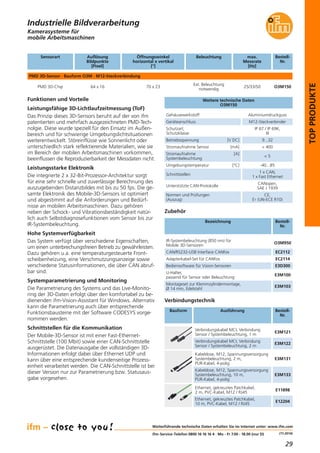 29
(11.2014)
TOPPRODUKTE
Kamerasysteme für
mobile Arbeitsmaschinen
Weitere technische Daten
O3M150
Gehäusewerkstoff Aluminiumdruckguss
Geräteanschluss M12-Steckverbinder
Schutzart,
Schutzklasse
IP 67 / IP 69K,
III
Betriebsspannung [V DC] 9...32
Funktionen und Vorteile
Leistungsfähige 3D-Lichtlaufzeitmessung (ToF)
Das Prinzip dieses 3D-Sensors beruht auf der von ifm
patentierten und mehrfach ausgezeichneten PMD-Tech-
nolgie. Diese wurde speziell für den Einsatz im Außen-
bereich und für schwierige Umgebungslichtsituationen
weiterentwickelt. Störeinflüsse wie Sonnenlicht oder
unterschiedlich stark reflektierende Materialien, wie sie
im Bereich der mobilen Arbeitsmaschinen vorkommen,
beeinflussen die Reproduzierbarkeit der Messdaten nicht.
Leistungsstarke Elektronik
Die integrierte 2 x 32-Bit-Prozessor-Architektur sorgt
für eine sehr schnelle und zuverlässige Berechnung des
auszugebenden Distanzbildes mit bis zu 50 fps. Die ge-
samte Elektronik des Mobile-3D-Sensors ist optimiert
und abgestimmt auf die Anforderungen und Bedürf-
nisse an mobilen Arbeitsmaschinen. Dazu gehören
neben der Schock- und Vibrationsbeständigkeit natür-
lich auch Selbstdiagnosefunktionen vom Sensor bis zur
IR-Systembeleuchtung.
Hohe Systemverfügbarkeit
Das System verfügt über verschiedene Eigenschaften,
um einen unterbrechungsfreien Betrieb zu gewährleisten.
Dazu gehören u.a. eine temperaturgesteuerte Front-
scheibenheizung, eine Verschmutzungsanzeige sowie
verschiedene Statusinformationen, die über CAN abruf-
bar sind.
Systemparametrierung und Monitoring
Die Parametrierung des Systems und das Live-Monito-
ring der 3D-Daten erfolgt über den komfortabel zu be-
dienenden ifm-Vision-Assistant für Windows. Alternativ
kann die Parametrierung auch über entsprechende
Funktionsbausteine mit der Software CODESYS vorge-
nommen werden.
Schnittstellen für die Kommunikation
Der Mobile-3D-Sensor ist mit einer Fast-Ethernet-
Schnittstelle (100 Mbit) sowie einer CAN-Schnittstelle
ausgerüstet. Die Datenausgabe der vollständigen 3D-
Informationen erfolgt dabei über Ethernet UDP und
kann über eine entsprechende kundenseitige Prozess-
einheit verarbeitet werden. Die CAN-Schnittstelle ist bei
dieser Version nur zur Parametrierung bzw. Statusaus-
gabe vorgesehen.
Stromaufnahme Sensor [mA] < 400
Stromaufnahme [A]
Systembeleuchtung
< 5
Umgebungstemperatur [°C] -40...85
Schnittstellen
1 x CAN,
1 x Fast Ethernet
Unterstützte CAN-Protokolle
CANopen,
SAE J 1939
Normen und Prüfungen
(Auszug)
CE,
E1 (UN-ECE R10)
Weiterführende technische Daten erhalten Sie im Internet unter: www.ifm.com
ifm-Service-Telefon 0800 16 16 16 4 · Mo - Fr 7.00 - 18.00 (nur D)
Industrielle Bildverarbeitung
Bezeichnung Bestell-
Nr.
IR-Systembeleuchtung (850 nm) für
Mobile 3D-Sensoren
O3M950
Zubehör
CAN/RS232-USB Interface CANfox EC2112
Adapterkabel-Set für CANfox EC2114
Bediensoftware für Vision-Sensoren E3D300
U-Halter,
passend für Sensor oder Beleuchtung
E3M100
Montageset zur Klemmzylindermontage,
Ø 14 mm, Edelstahl
E3M103
Verbindungstechnik
Verbindungskabel MCI, Verbindung
Sensor / Systembeleuchtung, 1 m
E3M121
Verbindungskabel MCI, Verbindung
Sensor / Systembeleuchtung, 2 m
E3M122
Bauform Ausführung Bestell-
Nr.
Kabeldose, M12, Spannungsversorgung
Systembeleuchtung, 2 m,
PUR-Kabel, 4-polig
E3M131
Kabeldose, M12, Spannungsversorgung
Systembeleuchtung, 10 m,
PUR-Kabel, 4-polig
E3M133
Ethernet, gekreuztes Patchkabel,
2 m, PVC-Kabel, M12 / RJ45
E11898
Ethernet, gekreuztes Patchkabel,
10 m, PVC-Kabel, M12 / RJ45
E12204
Sensorart Auflösung
Bildpunkte
[Pixel]
BeleuchtungÖffnungswinkel
horizontal x vertikal
[°]
Bestell-
Nr.
PMD 3D-Sensor · Bauform O3M · M12-Steckverbindung
PMD 3D-Chip 64 x 16
Ext. Beleuchtung
notwendig
70 x 23 O3M150
max.
Messrate
[Hz]
25/33/50
 