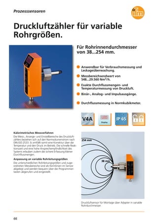 66
Für Rohrinnendurchmesser
von 38...254 mm.
Druckluftsensor für Montage über Adapter in variable
Rohrdurchmesser.
Kalorimetrisches Messverfahren
Die Mess-, Anzeige- und Einstellbereiche des Druckluft-
zählers beziehen sich auf den Normvolumenstrom nach
DIN ISO 2533. Es entfällt somit eine Korrektur über die
Temperatur und den Druck im Betrieb. Die schnelle Reak-
tionszeit und eine hohe Ansprechempfindlichkeit des
Systems erlauben zudem die sichere Erfassung kleiner
Durchflussmengen.
Anpassung an variable Rohrleitungsgrößen
Die unterschiedlichen Rohrleitungsgrößen und zuge-
ordneten Messbereiche sind als Kennlinien im Sensor
abgelegt und werden bequem über die Programmier-
tasten abgerufen und eingestellt.
Anwendbar für Verbrauchsmessung und
Leckageüberwachung.
Messbereichsendwert von
548...29.560 Nm3/h.
Exakte Durchflussmengen- und
Temperaturmessung von Druckluft.
Binär-, Analog- und Impulsausgänge.
Durchflussmessung in Normkubikmeter.
Druckluftzähler für variable
Rohrgrößen.
Prozesssensoren
 