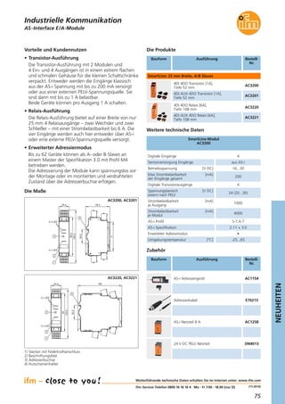 75
NEUHEITEN
(11.2014)
Die Produkte
Bestell-
Nr.
4DI 4DO Transistor [1A],
Tiefe 52 mm
AC3200
4DI AUX 4DO Transistor [1A],
Tiefe 52 mm
AC3201
4DI 4DO Relais [6A],
Tiefe 108 mm
AC3220
4DI AUX 4DO Relais [6A],
Tiefe 108 mm
AC3221
Die Maße
10825,4
93
123,2
1
4 x LED
4 x LED
3
2
4
35,5
AC3220, AC3221
Betriebsspannung [V DC] 16...30
Sensorversorgung Eingänge aus AS-i
Digitale Eingänge 4
Max.Strombelastbarkeit [mA]
der Eingänge gesamt
200
Strombelastbarkeit [mA]
je Ausgang
1000
Strombelastbarkeit [mA]
je Modul
4000
AS-i Profil S-7.A.7
AS-i Spezifikation 2.11 + 3.0
Erweiteter Adressmodus •
Umgebungstemperatur [°C] -25...65
Spannungsbereich [V DC]
extern nach PELV
24 (20...30)
Digitale Transistorausgänge 4
SmartLine-Modul
AC3200
AS-Interface E/A-Module
Industrielle Kommunikation
Bauform Ausführung
Weitere technische Daten
SmartLine: 25 mm Breite, A/B Slaves
Weiterführende technische Daten erhalten Sie im Internet unter: www.ifm.com
ifm-Service-Telefon 0800 16 16 16 4 · Mo - Fr 7.00 - 18.00 (nur D)
Zubehör
Bestell-
Nr.
AS-i Adressiergerät AC1154
Bauform Ausführung
Adressierkabel E70213
AS-i Netzteil 8 A AC1258
24 V DC PELV Netzteil DN4013
Vorteile und Kundennutzen
• Transistor-Ausführung
Die Transistor-Ausführung mit 2 Modulen und
4 Ein- und 4 Ausgängen ist in einem extrem flachen
und schmalen Gehäuse für die kleinen Schaltschränke
verpackt. Entweder werden die Eingänge klassisch
aus der AS-i Spannung mit bis zu 200 mA versorgt
oder aus einer externen PELV-Spannungsquelle. Sie
sind dann mit bis zu 1 A belastbar.
Beide Geräte können pro Ausgang 1 A schalten.
• Relais-Ausführung
Die Relais-Ausführung bietet auf einer Breite von nur
25 mm 4 Relaisausgänge – zwei Wechsler und zwei
Schließer – mit einer Strombelastbarkeit bis 6 A. Die
vier Eingänge werden auch hier entweder über AS-i
oder eine externe PELV-Spannungsquelle versorgt.
• Erweiterter Adressiermodus
Bis zu 62 Geräte können als A- oder B-Slaves an
einem Master der Spezifikation 3.0 mit Profil M4
betrieben werden.
Die Adressierung der Module kann spannungslos vor
der Montage oder im montierten und verdrahteten
Zustand über die Adressierbuchse erfolgen.
1) Stecker mit Federkraftanschluss
2) Beschriftungsfeld
3) Adressierbuchse
4) Hutschienenhalter
25,4
95,4
129,3
1
4 x LED
4 x LED
3
2
59,3
71
4
35,5
AC3200, AC3201
 