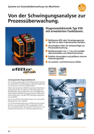 92
Diagnoseelektronik Typ VSE
mit erweiterten Funktionen.
Leistungsstartke Diagnoseelektronik
Die Schwingungsanalyse schützt Maschinenkomponen-
ten, Werkstücke und Werkzeuge im Bearbeitungprozess
vor Ausschuss und teuren Folgeschäden.
Neben den bewährten MEMS-basierenden Beschleuni-
gungsensoren der ifm electronic (Typ VSA) bietet die
überarbeitete Diagnoselektronik auch die Möglichkeit,
herkömmliche Beschleunigungsaufnehmer, Mikrofone,
oder Kraftsensoren, die dem IEPE-Standard entsprechen,
anzuschließen.
Durch die erhöhte Genauigkeit lassen sich auch große
Messbereiche hoch auflösen.
Für die Prozessüberwachung und Maschinensicherheit
können nun verschiedene Filter ausgewählt werden.
Bis zu 32 Zähler liefern Kennzahlen, Performance- und
Laufzeitinformationen zur Produktionsoptimierung.
Wahlweise IEPE oder Schwingungsensor
Typ VSA an allen 4 dynamischen Kanälen.
Verschiedene Filter für Echtzeit-Pegel zur
Prozessüberwachung.
Reaktionszeiten von < 1 ms und variable
Alarmschwellen zum Maschinenschutz.
Erhöhte Genauigkeit und größerer interner
Historienspeicher.
32 Laufzeit- und Performance-Zähler.
Von der Schwingungsanalyse zur
Prozessüberwachung.
Systeme zur Zustandsüberwachung von Maschinen
 