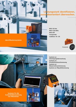 Leistungsstark identifizieren,
zustandsorientiert überwachen.
Identifikationssysteme
Systeme für die
Zustandsüberwachung
von Maschinen
RFID 125 kHz
RFID 13,56 MHz
RFID UHF
Transponder
Codeleser 1D / 2D
Systeme zur
Schwingungsüberwachung
Systeme zur
Druckluftverbrauchsmessung
Systeme zur
Wasserverbrauchsmessung
Systeme zur Ölqualitätsmessung
12
Transponder
 