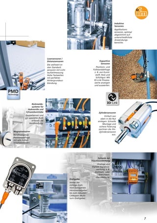7
Induktive
Sensoren.
Applikations-
sensoren, optimal
abgestimmt auf
unterschiedlichste
Anwendungs-
bereiche.
Kapazitive
Sensoren
Positions- und
Füllstandabfrage
z. B. von Kunst-
stoff, Holz und
Schüttgut. Mit
IO-Link Prozess-
werte anzeigen
und auswerten.
Zylindersensoren
Einfach von
oben in die Nut
einlegen: Schnelle
Montage und
sichere Fixierung
zeichnen die ifm-
Zylindersensoren
aus.
Rückmelde-
systeme für
Hubventile und
Schwenkantriebe
Doppelsensor und
ein spezieller Puck
erfassen die
Ventilstellung.
Lasersensoren /
Distanzsensoren
Die weltweit er-
sten Standard-
sensoren mit Licht-
laufzeitmessung.
Hohe Tastweiten
mit perfekter
Hintergrundaus-
blendung.
Drehgeber
Immer der
richtige Dreh:
Vom kompakten
Inkrementalgeber
bis zum robusten
CANopen-Multi-
turn-Drehgeber.
Systeme zur
Impulsauswertung
Analoge und
digitale Signalaus-
wertung, z. B.
Drehzahl- oder
Grenzwert-
überwachung.
Magnetsensoren
Berührungslose
Positionsabfrage
mit sehr hohen
Schaltabständen.
 