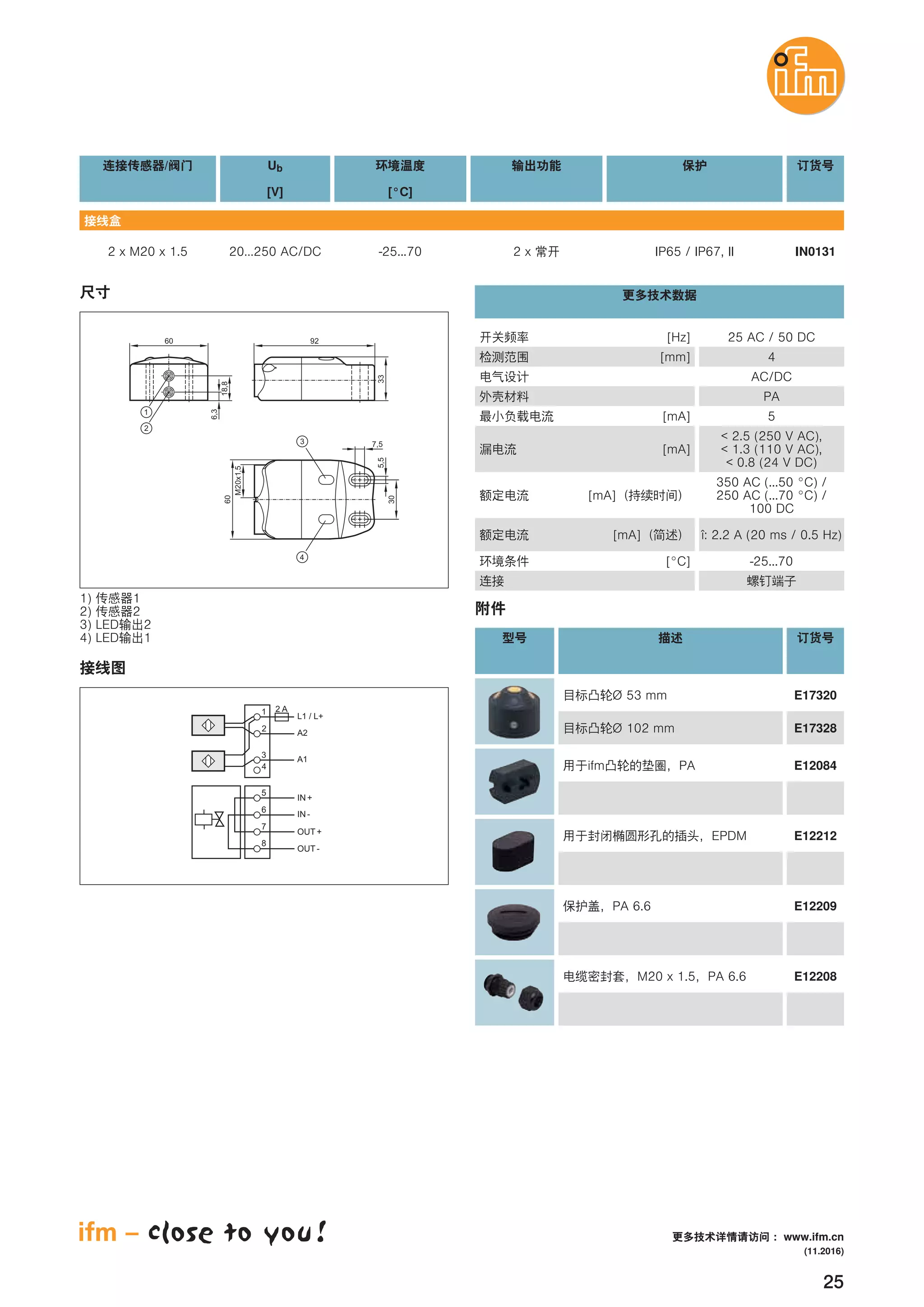25
[°C]
20…250 AC/DC -25...70 IP65 / IP67, II IN01312 x M20 x 1.5 2 x
/ Ub
[V]
[Hz] 25 AC / 50 DC
[mm] 4
AC/DC
PA
[mA] 5
33
92
6,3
18,8
60
7,5
5,5
30
60
M20x1,5
1) 1
2) 2
3) LED 2
4) LED 1
4
6
7
8
5
IN+
IN-
OUT+
OUT -
3
A1
1
2
L1 / L+
A2
2 A
[mA]
< 2.5 (250 V AC),
< 1.3 (110 V AC),
< 0.8 (24 V DC)
[mA]
350 AC (...50 °C) /
250 AC (...70 °C) /
100 DC
[mA] î: 2.2 A (20 ms / 0.5 Hz)
[°C] -25...70
EPDM E12212
PA 6.6 E12209
Ø 53 mm E17320
Ø 102 mm E17328
ifm PA E12084
M20 x 1.5 PA 6.6 E12208
(11.2016)
www.ifm.cn
 