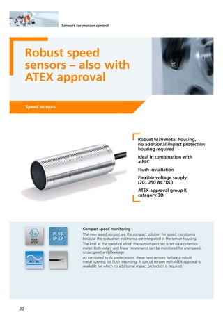 30
Sensors for motion control
Robust speed
sensors – also with
ATEX approval
Speed sensors
Robust M30 metal housing,
no additional impact protection
housing required
Ideal in combination with
a PLC
Flush installation
Flexible voltage supply:
(20...250 AC/DC)
ATEX approval group II,
category 3D
Compact speed monitoring
The new speed sensors are the compact solution for speed monitoring
because the evaluation electronics are integrated in the sensor housing.
The limit at the speed of which the output switches is set via a potentio-
meter. Both rotary and linear movements can be monitored for overspeed,
underspeed and blockage.
As compared to its predecessors, these new sensors feature a robust
metal housing for flush mounting. A special version with ATEX approval is
available for which no additional impact protection is required.
 