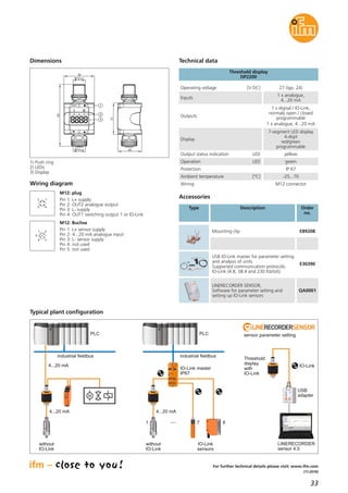 33
(11.2016)
Threshold display
DP2200
Dimensions
31
24
3
30
M12x1
M12x1
63
1
2
1) Push ring
2) LEDs
3) Display
Wiring diagram
43
2 1
3
1 2
4
5
M12: plug
Pin 1: L+ supply
Pin 2: OUT2 analogue output
Pin 3: L- supply
Pin 4: OUT1 switching output 1 or IO-Link
M12: Buchse
Pin 1: L+ sensor supply
Pin 2: 4...20 mA analogue input
Pin 3: L- sensor supply
Pin 4: not used
Pin 5: not used
Typical plant configuration
sensor parameter setting
LINERECORDER
sensor 4.0
IO-Link
Threshold
display
with
IO-Link
USB
adapter
PLC
4...20 mA
4...20 mA
industrial fieldbus
4...20 mA
IO-Link master
IP67
PLC
industrial fieldbus
IO-Link
sensors
without
IO-Link
···1 7 8
M
without
IO-Link
Operating voltage [V DC] 27 (typ. 24)
Inputs
1 x analogue,
4...20 mA
Ambient temperature [°C] -25...70
Protection IP 67
Output status indication LED yellow
Operation LED green
Wiring M12 connector
Outputs
1 x digital / IO-Link,
normaly open / closed
programmable
1 x analogue, 4...20 mA
Display
7-segment LED display
4-digit
red/green
programmable
Technical data
For further technical details please visit: www.ifm.com
Accessories
Type Description Order
no.
Mounting clip E89208
LINERECORDER SENSOR,
Software for parameter setting and
setting up IO-Link sensors
QA0001
USB IO-Link master for parameter setting
and analysis of units
Supported communication protocols:
IO-Link (4.8, 38.4 and 230 Kbits/s)
E30390
 