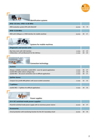 5
RFID 125 kHz / RFID 13.56 MHz
RFID evaluation system DTE with EtherCAT (04.2016)
Identification systems
RFID with CANopen or J1939 interface for mobile machines
RFID 13.56 MHz
(04.2016)
Diagnostic and service units
Real-time clock with CAN interface
CANwireless: wifi and Bluetooth for the CAN bus
(11.2016)
(11.2016)
Systems for mobile machines
Sockets
Always a reliable connection. ecolink M12 – even for special applications
ecolink M12 cables reduce voltage drop
ecolink M12 – the secure connection even in difficult applications
(11.2016)
(11.2016)
(11.2016)
Connection technology
T splitters
ecolink M12 – T splitters for difficult applications (11.2016)
24 V DC switched-mode power supplies
Powerful switched-mode power supply with an enormous power reserve (04.2016)
Power supplies
Accessories
Circuit protection with monitoring function for the 24 V secondary circuit (04.2016)
Splitter boxes
Compact low-profile M8 splitters with secure ecolink connection (11.2016)
78 - 79
80 - 81
82 - 83
84 - 85
86 - 87
88 - 89
90 - 91
94 - 95
96 - 97
98 - 99
92 - 93
 