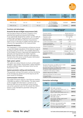 43
(04.2016)
For further technical details please visit: www.ifm.com
Further technical data
O3M150, O3M160
Housing material diecast aluminium
Device connection M12 connector
Protection rating,
protection class
IP 67 / IP 69K,
III
Operating voltage [V DC] 9...32
Functions and advantages
Powerful 3D time-of-flight measurement (ToF)
The principle of these 3D sensors is based on ifm’s
patented and award-winning pmd technology.
It was specifically designed for outdoor use and difficult
ambient light situations. Interference such as sunlight
or materials with different reflective characteristics
which occurs in the area of mobile machines does not
influence the repeatability of the measured data.
Powerful electronics
The integrated 2 x 32-bit processor architecture ensures
a rapid and reliable calculation of the distance image to
be output with up to 50 fps. The complete electronics
of the mobile 3D sensor is optimised and adapted to the
demands and requirements of mobile machines.
Besides shock and vibration resistance self-diagnostic
functions from the sensor to the IR system illumination
unit are of course also available.
High system uptime
The system has various features to ensure uninterrupted
operation. They include, among others, soiling indication
as well as different status information which can be
fetched from CAN.
System parameter setting and monitoring
The parameter setting of the system and live monitoring
of the 3D data are carried out via the easy-to-use ifm
vision wizard for Windows.
Communication interfaces
The mobile 3D sensors feature a fast Ethernet interface
(100 Mbit) as well as a CAN interface. The data output
of the complete 3D information is carried out via
Ethernet UDP and can be processed using a process
unit at the customer’s end. For this version the CAN in-
terface is only intended for parameter setting and
status output.
Current consumption sensor [mA] < 400
Current consumption [A]
system illumination unit
< 5
Ambient temperature [°C] -40...85
Interfaces
1x CAN,
1 x fast Ethernet
Connection technology
MCI cable, connection
sensor / system illumination unit, 1 m
E3M121
MCI cable, connection
sensor / system illumination unit, 2 m
E3M122
Type Description Order
no.
M12 socket, voltage supply system
illumination unit, 2 m,
PUR cable, 4 poles
E3M131
M12 socket, voltage supply system
illumination unit, 10 m,
PUR cable, 4 poles
E3M133
Ethernet, cross-over patch cable,
2 m, PVC cable, M12 / RJ45
E11898
Ethernet, cross-over patch cable,
10 m, PVC cable, M12 / RJ45
E12204
Type of sensor Resolution
pixels
[pixel]
IlluminationAngle of aperture
horizontal x vertical
[°]
Order
no.
PMD 3D sensor · Type O3M · M12 connector
PMD 3D chip 64 x 16
ext. illumination
required (O3M950)
70 x 23 O3M150
Max.
sampling rate
[Hz]
25/33/50
PMD 3D chip 64 x 16
ext. illumination
required (O3M960)
95 x 32 O3M16025/33/50
Description Order
no.
IR system illumination unit (850 nm) for mobile
3D sensors, angle of aperture 70 x 23
O3M950
IR system illumination unit (850 nm) for mobile
3D sensors, angle of aperture 95 x 32
O3M960
Accessories
Supported CAN protocols CANopen, SAE J 1939
Standards and tests
(extract)
CE,
E1 (UN-ECE R10)
CAN/RS232 USB interface CANfox EC2112
Adapter cable set for CANfox EC2114
Operating software for vision sensors E3D300
U-shaped holder,
suitable for sensor or illumination unit
E3M100
 