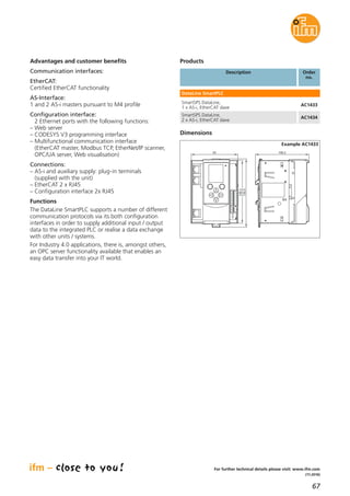 67
(11.2016)
For further technical details please visit: www.ifm.com
Products
Order
no.
SmartSPS DataLine,
1 x AS-i, EtherCAT slave
AC1433
SmartSPS DataLine,
2 x AS-i, EtherCAT slave
AC1434
Dimensions
106,293
135,5
128,2
Example AC1433
Description
DataLine SmartPLC
Advantages and customer benefits
Communication interfaces:
EtherCAT:
Certified EtherCAT functionality
AS-Interface:
1 and 2 AS-i masters pursuant to M4 profile
Configuration interface:
2 Ethernet ports with the following functions:
– Web server
– CODESYS V3 programming interface
– Multifunctional communication interface
(EtherCAT master, Modbus TCP, EtherNet/IP scanner,
OPC/UA server, Web visualisation)
Connections:
– AS-i and auxiliary supply: plug-in terminals
(supplied with the unit)
– EtherCAT 2 x RJ45
– Configuration interface 2x RJ45
Functions
The DataLine SmartPLC supports a number of different
communication protocols via its both configuration
interfaces in order to supply additional input / output
data to the integrated PLC or realise a data exchange
with other units / systems.
For Industry 4.0 applications, there is, amongst others,
an OPC server functionality available that enables an
easy data transfer into your IT world.
 