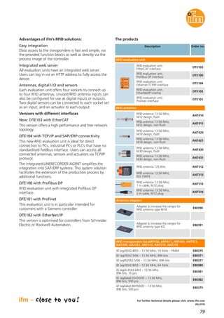 79
(04.2016)
For further technical details please visit: www.ifm.com
Description Order no.
ANT512RFID antenna 125 KHz
ANT513
RFID antenna 13.56 MHz,
ISO 15693
E80370ID tag/30X2.8/03 – 13.56 MHz, 16 Kbits – FRAM
E80371ID tag/30X2.5/06 – 13.56 MHz, 896 bits
E80377ID tag/R20X2.5/06 – 13.56 MHz, 896 bits
RFID evaluation unit
RFID antennas
The products
ANT515
RFID antenna 13.56 MHz,
1 m cable, M12 plug
ANT516
RFID antenna 13.56 MHz,
2 m cable, M12 plug
ANT410
RFID antenna 13.56 MHz,
M12 design, flush
ANT411
RFID antenna 13.56 MHz,
M12 design, non-flush
ANT430
RFID antenna 13.56 MHz,
M30 design, flush
ANT431
RFID antenna 13.56 MHz,
M30 design, non-flush
ANT420
RFID antenna 13.56 MHz,
M18 design, flush
ANT421
RFID antenna 13.56 MHz,
M18 design, non-flush
E80380ID tag/30X2.8/03 – 13.56 MHz, 64 Kbits
E80381
ID tag/4.35X3.6/03 – 13.56 Mhz,
896 bits, 10 pcs
E80382
ID tag/label 65X30/03 – 13.56 Mhz,
896 bits, 500 pcs
E80379
ID tag/label 80X50/03 – 13.56 Mhz,
896 bits, 500 pcs
RFID transponders for:ANT410, ANT411, ANT420, ANT421,
ANT430, ANT431, ANT513, ANT515, ANT516
Antenna adapters
E80390
Adapter to increase the ranges for
RFID antenna type M18
E80391
Adapter to increase the ranges for
RFID antenna type KQ
Advantages of ifm’s RFID solutions:
Easy integration
Data access to the transponders is fast and simple, via
the provided function blocks as well as directly via the
process image of the controller.
Integrated web server
All evaluation units have an integrated web server.
Users can log in via an HTTP address to fully access the
device.
Antennas, digital I/O and sensors
Each evaluation unit offers four sockets to connect up
to four RFID antennas. Unused RFID antenna inputs can
also be configured for use as digital inputs or outputs.
Two digital sensors can be connected to each socket set
as an input; and an actuator to each output.
Versions with different interfaces
New: DTE103 with EtherCAT
This version offers a high performance and free network
topology.
DTE104 with TCP/IP and SAP/ERP connectivity
This new RFID evaluation unit is ideal for direct
connection to PCs, industrial PCs or PLCs that have no
standardised fieldbus interface. Users can access all
connected antennas, sensors and actuators via TCP/IP
protocol.
The integrated LINERECORDER AGENT simplifies the
integration into SAP/ERP systems. This system solution
facilitates the extension of the production process by
additional functions.
DTE100 with Profibus DP
RFID evaluation unit with integrated Profibus DP
interface.
DTE101 with Profinet
This evaluation unit is in particular intended for
customers with a Siemens controller.
DTE102 with EtherNet/IP
This version is optimised for controllers from Schneider
Electric or Rockwell Automation.
RFID evaluation unit,
EtherNet/IP interfac
RFID evaluation unit,
Ethernet TCP/IP interface
RFID evaluation unit,
Profinet interface
RFID evaluation unit,
Profibus DP interface
DTE102
DTE104
DTE101
DTE103
RFID evaluation unit,
EtherCAT interface
DTE100
 