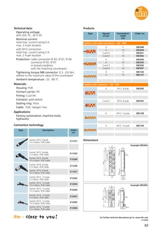 93
(11.2016)
For further technical data please go to: www.ifm.com
Technical data:
Operating voltage:
with LED 10...30 V DC
Nominal current:
total max. current rating 6 A
max. 2 A per location
with M12 connection
total max. current rating 2 A
max. 2 A per location
Protection: cable connection IP 65, IP 67, IP 68
connector IP 65, IP 67
in locked condition
with the matching counterpart.
Tightening torque M8 connector: 0.3...0.6 Nm,
adhere to the maximum value of the counterpart
Ambient temperature: -25...80 °C
Materials:
Housing: PUR
Contact carrier: PA
Fitting: CuZn/Ni
Contacts: gold-plated
Sealing ring: Viton
Cable: PUR, halogen-free
Applications:
Factory automation, machine tools,
hydraulics
Products
M8x1
17
20
4,54,5
30
16
129,5
1014,3
1122
Dimensions
Example EBC054
M12x1
17
23,7
4,54,5
30
16
85,4
574,3
M8x1
1122
Example EBC050
Splitter with cable connection · LED · PNP
EBC048
EBC051
EBC049
EBC052
4
4
2 and 4
2 and 4
5
10
5
10
EBC054
EBC056
EBC055
EBC057
4
4
2 and 4
2 and 4
5
10
5
10
EBC136
EBC137
4
4
5
10
M12, 8-pole
M12, 12-pole
EBC0504
M16, 8-pole EBC0532 and 4
M12, 12-pole EBC1384
Type Signals
on pin
Order no.Connection/
Cable
[m]
Splitter with connector · LED · PNP
EBC1394Connection technology
Type Description Order
no.
Socket, M12, 8-pole
10 m black, PUR cable
Socket, M12, 8-pole
5 m black, PUR cable
Socket, M12, 8-pole
10 m black, PUR cable
Socket, M16, 8-pole
5 m black, PUR cable
Socket, M16, 8-pole
10 m black, PUR cable
E11311
E11232
E12260
E11226
E11227
Socket, M12, 12-pole,
5 m black, PUR cable
E12502
Socket, M12, 12-pole,
10 m black, PUR cable
E12503
Socket, M12, 12-pole,
15 m black, PUR cable
E12504
Socket, M12, 12-pole,
5 m black, PUR cable
E12457
Socket, M12, 12-pole,
10 m black, PUR cable
E12505
Socket, M12, 12-pole,
15 m black, PUR cable
E12506
 