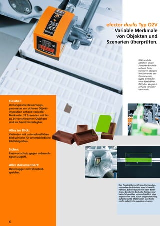 efector dualis Typ O2V
Variable Merkmale
von Objekten und
Szenarien überprüfen.

Während die
üblichen VisionSensoren Bauteile
anhand fester
Konturen überprüfen (wie etwa der
Kontursensor
O2D), bietet der
neue Pixelzähler
O2V den Vergleich
anhand variabler
Merkmale.

Flexibel:
Umfangreiche Bewertungsparameter zur sicheren Objektinspektion anhand variabler
Merkmale. 32 Szenarien mit bis
zu 24 verschiedenen Objekten
sind im Gerät hinterlegbar.

Alles im Blick:
Varianten mit unterschiedlichen
Blickwinkeln für unterschiedliche
Bildfeldgrößen.

Sicher:
Passwortschutz gegen unberechtigten Zugriff.

Alles dokumentiert:
Datenlogger mit Fehlerbildspeicher.

Der Pixelzähler prüft das Vorhandensein oder die Position von Schweißnähten, Schweißpunkten oder Bereichen, die durch die hohe Temperatur
beim Schweißen unterschiedlich blau
angelaufen sind. Auch ungleichmäßig
aufgebrachte Materialien wie Klebstoffe oder Fette werden erkannt.

6

 