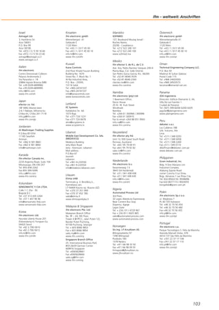 Israel
Astragal Ltd.
3, Hashikma Str.
Azur 58001
P.O. Box 99
Azur 58190
Tel. +972 / 3 / 5 59 16 60
Fax +972 / 3 / 5 59 23 40
astragal@astragal.co.il
www.astragal.co.il
Italien
ifm electronic
Centro Direzionale Colleoni
Palazzo Andromeda 2
Via Paracelso n. 18
20864 Agrate Brianza (MB)
Tel. +39 (0)39-6899982
Fax +39 (0)39-6899995
info.it@ifm.com
www.ifm.com/it
Japan
efector co. ltd.
18F WBG Marive-west
2-6-1 Nakase, Mihama-ku
Chiba-shi, Chiba 261-7118
info.jp@ifm.com
www.ifm.com/jp
Jordanien
Al Mashreqan Trading Supplies
P.O.Box.851054
11185 Swaifieh
Amman
Tel. +962 6 581 8841
Fax +962 6 581 8892
info@mashreqan.com
Kanada
ifm efector Canada Inc.
2233 Argentia Road, Suite 104
Mississauga, ON L5N 2X7
Tel. 855-436-2262
Fax 855-399-5099
info.ca@ifm.com
www.ifm.com/ca
Kolumbien
SENSOMATIC Y CIA LTDA.
Calle 1 C 25a - 50
Bogotá D.C.
Tel. +57 313 430 2264
Tel. +57 1 407 96 96
info@sensomatic-ltda.com
www.sensomatic-ltda.com
Korea
ifm electronic Ltd.
Hyundai Liberty House 201
Dokseodang-ro Yongsan-Gu
04420 Seoul
Tel. +82 2-790-5610
Fax +82 2-790-5613
info.kr@ifm.com
www.ifm.com/kr
Kroatien
ifm electronic gmbh
Wienerbergstr. 41
Gebäude E
1120 Wien
Tel. +43 / 1 / 617 45 00
Fax +43 / 1 / 617 45 00 10
info.hr@ifm.com
www.ifm.com/hr
Kuwait
Kana Controls
2nd Floor Khalid Fauzan Building
Building No. 1670
Street No. 7, Block No. 1
Al-Rai Industrial Area,
P.O. Box - 25593,
13116 Safat
Tel. +965-24741537
Fax +965-24741537
info@kanacontrols.com
www.kanacontrols.com
Lettland
EC Systems
Katlakalna Str. 4A
1073 Riga
Tel. +371 724 1231
Fax +371 724 8478
alnis@ecsystems.lv
www.ecsystems.lv
Libanon
Middle East Development Co. SAL
(MEDEVCO)
Medevco Building
Jeita Main Road
Jeita - Kesrouan, Lebanon
Mail address :
P.O.Box 67
Jounieh
Lebanon
Tel. +961-9-233550
Fax +961-9-233554
info@medevco-lebanon.com
Litauen
Elinta UAB
Terminalo g. 3, Biruliškių k.,
Karmėlavos sen.
LT-54469 Kauno raj. (Kauno LEZ)
Tel. +370 37 351 999
Fax +370 37 452 780
sales@elinta.lt
www.elintosprekyba.lt
Malaysia & Singapore
ifm electronic Pte. Ltd
Malaysian Branch Office
No. 9F – 2A, 9th Floor,
Tower 4 @ PFCC, Jalan Puteri 1/2,
Bandar Puteri Puchong,
47100 Puchong, Selangor
Tel. + 603 8066 9853
Fax + 603 8066 9854
sales.my@ifm.com
www.ifm.com/my
Singapore Branch Office
25, International Business Park
#03-26/29 German Center
609916 Singapore
Tel. +6565628661
Fax +6565628660
sales.sg@ifm.com
www.ifm.com/sg
Marokko
SOFIMED
137, Boulevard Moulay Ismaïl -
Roches Noires
20290 - Casablanca
Tel. +212 522 240 101
Fax +212 522 240 100
www.sofimed.ma
Mexiko
ifm efector S. de R.L. de C.V.
Ave. Arq. Pedro Ramírez Vázquez 200-4
Planta Baja, Col. Valle Oriente.
San Pedro Garza García, N.L. 66269
Tel. +52-81-8040-3535
Fax +52-81-8040-2343
clientes.mx@ifm.com
www.ifm.com/mx
Namibia
ifm electronic (pty) Ltd
1 Basement Office,
Decor House
25 Dr. W. Kulz Street
Windhoek
Namibia
Tel. +264 61 300984 / 300998
Fax +264 61 300910
Fax to email +264 88 651 9943
info.na@ifm.com
www.ifm.com/na
Neuseeland
ifm efector pty ltd.
Unit 13, 930 Great South Road
Penrose, Auckland
Tel. +64 / 95 79 69 91
Fax +64 / 95 79 92 82
sales.nz@ifm.com
www.ifm.com/nz
Niederlande
ifm electronic b.v.
Deventerweg 1 E
3843 GA Harderwijk
Tel. +31 / 341 438 438
Fax +31 / 341 438 430
info.nl@ifm.com
www.ifm.com/nl
Nigeria
Automated Process Ltd
3rd Floor,
32 Lagos Abeokuta Expressway
Near Cement Bus Stop
Dopemu, Agege
Lagos State
Tel. + 234 / 01 / 4729 967
Fax + 234 /01 / 4925 865
sales@automated-process.com
www.automated-process.com
Norwegen
Siv.Ing. J.F.Knudtzen AS
Billingstadsletta 97
1396 Billingstad
Postboks 160
1378 Nesbru
Tel. +47 / 66 98 33 50
Fax +47 / 66 98 09 55
firmapost@jfknudtzen.no
www.jfknudtzen.no
Österreich
ifm electronic gmbh
Wienerbergstraße 41
Gebäude E
1120 Wien
Tel. +43 / 1 / 617 45 00
Fax +43 / 1 / 617 45 00 10
info.at@ifm.com
www.ifm.com/at
Oman
Technical Engineering Company LLC.
P.O. Box 59
Madinat Al Sultan Qaboos
Postal Code 115
Tel. +968 24503593
Fax +968 24503573
tecoman@omantel.net.om
Panama
JDA Ingeniería
Dirección: Edificio Diamante 3, 3A,
Villa De Las Fuentes 1.
Ciudad de Panamá.
Tel: (507) 399-8200/ 6200-4205
jaguilar@jdaingenieria.com
www.jdaingenieria.com
Peru
dekatec s.a.c.
Los Calderos 188
Urb. Vulcano, Ate
Lima
Tel. +511 / 348 0293
Tel. +511 / 348 0458
Tel. +511 / 348 2269
Fax +511 / 349 0110
dkleffmann@dekatec.com.pe
www.dekatec.com.pe
Philippinen
Gram Industrial, Inc.
Bldg. 9 Don Mariano Lim
Industrial Complex,
Alabang Zapote Road
corner Concha Cruz Drive,
Brgy. Almanza 1 Las Piñas City
Tel. 632-8502218 / 8508496
Fax 632-8077173 / 8503055
bongalido@gram.com.ph
Polen
ifm electronic Sp.z o.o.
ul. Węglowa 7
PL 40-105 Katowice
Tel. +48 32 70 56 454
Tel. +48 32 70 56 480
Fax +48 32 70 56 455
info.pl@ifm.com
www.ifm.com/pl
Portugal
ifm electronic s.a.
Parque Tecnológico S. Félix da Marinha
Avenida Manuel Violas, 476
4410-137 São Félix da Marinha
Tel. +351 22 37 17 108
Fax +351 22 37 17 110
info.pt@ifm.com
www.ifm.com/pt
ifm – weltweit: Anschriften
103
 