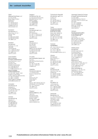 ifm – weltweit: Anschriften
104
Produktselektoren und weitere Informationen finden Sie unter: www.ifm.com
Qatar
Advanced Fluid Power L.L.C
P.O. Box 201382
Barwa Village Al Wakra
Building No 1
Doha-Qatar
Tel. +974-40164275
Fax +974-40164274
sales@afp-qatar.com
www.afp-qatar.com
Rumänien
ifm electronic s.r.l.
Mihai Viteazu Str. Nr. 1
Selimbar, Sibiu
557260
Tel. 0040 269 224550
Fax 0040 269 224766
info.ro@ifm.com
Russland
ifm electronic
Ibragimova, 31, k.50
office 808
105318 Moscow
Tel. +7 (495) 921-44-14
Fax +7 (495) 651-82-97
info.ru@ifm.com
www.ifm.com/ru
Saudi Arabien
Noor Al-Shomoe
for Electric & Maintenance
King Khalid Street, Cross 5
P.O. Box 2571
Al-Khobar 31952
Kingdom of Saudi Arabia
Tel. +9 663 864 49 58
Fax +9 663 894 63 41
h.o.info@nooralshomoe.com
Bariq Al Emdadat
Trading Establishment
P.O. Box 27001, Riyadh 11653
Kingdom of Saudi Arabia
Contact: Abdul Aziz Mohamed Elias
Tel. +966 11 4728782
Fax +966 11 4725576
Mobile 00966 53 2626686
azizelias@bariqarabia.com
Schweden
ifm electronic ab
Drakegatan 6
41250 Göteborg
Tel. växel 031-750 23 00
Fax 031-750 23 29
info.se@ifm.com
www.ifm.com/se
Schweiz
ifm electronic ag
Altgraben 27
4624 Härkingen
Tel. 0800 88 80 33
Fax 0800 88 80 39
info.ch@ifm.com
www.ifm.com/ch
Singapur
ifm electronic Pte. Ltd.
25, International Business Park
#03-26/29 German Center
609916 Singapur
Tel. +6565628661
Fax +6565628660
sales.sg@ifm.com
www.ifm.com/sg
Slowakei
ifm electronic spol. s.r.o.
Rybnicna 40
831 06 Bratislava
Tel. +421 / 2 / 44 87 23 29
Fax +421 / 2 / 44 64 60 42
info.sk@ifm.com
www.ifm.com/sk
Spanien
ifm electronic s.l.
Parc Mas Blau
Edificio Inbisa
c/ Garrotxa 6-8
08820 El Prat de Llobregat
Tel. 0034 93 479 30 80
Fax 0034 93 479 30 86
info.es@ifm.com
www.ifm.com/es
Sri Lanka
Isaro Automation Systems Ltd.
First Floor,
400 Galle Road,Rawathawatta.
Moratuwa
Tel. +94 114 216 784
Fax + 94 11 2644 224
isaro@sltnet.lk
Südafrika
ifm electronic (pty) Ltd
112 Sovereign Drive,
Route 21 Corporate Park
Centurion
0157
Postnet Suite 279
Postnet Bag X8
Elardus Park
0047
National: 0861 IFM RSA (436 772)
International: +72 12 450 0400
Fax: +27 12 450 0412
info.za@ifm.com
www.ifm.com/za
Thailand
SCM ALLIANZE CO., LTD.
700/19-24
Phaholyothin Road
Samsennai Phayatai
Bangkok 10400
Tel. +66 02 615 4888
contact@scma.co.th
www.scmallianze.com
Tschechische Republik
ifm electronic, spol. s r.o.
U Křížku 571
252 43 Prag
Tel. +420 267 990 211
Fax +420 267 750 180
info.cz@ifm.com
www.ifm.com/cz
Türkei
ifm electronic Elektrikli
ve Elektronik Aletler
İth.İhr.Paz.Tic.Ltd.Şti.
Merkez Mah. Nadide Sok.
Anıttepe Sitesi No:28
34381 Şişli / İstanbul
Tel. +90 / 212 / 210 5080
Fax +90 / 212 / 221 7159
info.tr@ifm.com
www.ifm.com/tr
Tunesien
TECHNOPREST
GP1 – Km 5,5 Rte de Sousse –
Z.I 2013 Ben Arous
Tel. +216 71 389 203
Fax + 216 71 389 215
technoprest@technoprest.com.tn
Ukraine
ifm electronic
Mariny Raskovoj 11
02660 Kiev
Tel. +380 44 501 8543
Fax +380 44 501 8543
info.ua@ifm.com
www.ifm.com/ua
Ungarn
ifm electronic kft.
Szent Imre út 59. I.em.
H-9028 Győr
Tel. +36-96 / 518-397
Fax +36-96 / 518-398
info.hu@ifm.com
www.ifm.com/hu
USA
ifm efector, inc.
1100 Atwater Dr.
Malvern, PA 19355
Tel. +1-800-441-8246
Fax +1-800-329-0436
info.us@ifm.com
www.ifm.com/us
Venezuela
Petrobornas, C.A.
C.C. Plaza Aeropuerto,
Galería piso 1, Local P1-B03,
Calle Neverí, Unare,
Puerto Ordaz 8050,
Estado Bolívar
Tel. + 58 286 9513382
info@petrobornas.net
www.petrobornas.net
Vereinigte Arabische Emirate
Al Injazat Technical Services Est.
P.O. Box 42895
Al Qubaisi bldg floor 0 flat # 4
Liwa street corner of corniche road,
Abu Dhabi
Tel. +971-2-6585400
Fax +971-2-6585401
Mobil +971-50-6811072
kamran@injazat.ae
www.injazat.ae
Vietnam
The Representative Office
of ifm electronic gmbh
in Ho Chi Minh City
7A-7th Floor,
#467 Dien Bien Phu Street,
Ward 25, Binh Thanh District,
Ho Chi Minh City 700000
Tel. +84-8-35125177
Fax +84-8-35125178
sales.vn@ifm.com
Weißrussland
ifm electronic
ELTICON Trade House Ltd.
2A Ostroshitskaya st.
220125 Minsk, Belarus
Tel.: +375-17-286-4649
Fax: +375-17-289-6169
E-mail: info@elticon.ru
www.elticon.ru
MilkGroup LLC.
220015 Minsk, Belarus
Ponomarenko str., 35A, office 517
Tel./Fax: +375 17 207 29 34
E-mail: ifm@milkgroup.by
www.milkgroup.by
FilFar Technology LLC
Zapadnaya str., 13, office 519
220036 Minsk, Belarus
Tel.: +375 (44) 540-40-40
E-mail: zapros@filfar.by
www.filfar-technology.by
 