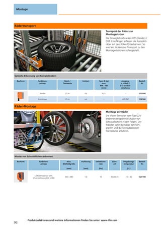 Rädertransport
Transport der Räder zur
Montagestation
Die Einweglichtschranken O5S (Sender) /
O5E (Empfänger) erfassen die Komplett-
räder auf den Rollenförderbahnen. So
wird ein lückenloser Transport zu den
Montagestationen sichergestellt.
Räder-Montage
Montage der Räder
Die Vision-Sensoren vom Typ O2V
erkennen eingelernte Muster von
Schraublöchern in den Felgen. Der
Roboter kann die Räder definiert
greifen und die Schraubposition
hochpräzise anfahren.
Montage
96
Produktselektoren und weitere Informationen finden Sie unter: www.ifm.com
Optische Erkennung von Kompletträdern
Bauform Funktions-
prinzip
Reich-/
Tastweite
Lichtart Spot Ø bei
max.
RW / TW
[mm]
Ausgang
H = Hell- /
D = Dunkel-
schaltung
Bestell-
Nr.
Sender 25 m rot 625 – O5S500
Empfänger 25 m rot – H/D PNP O5E500
Muster von Schraublöchern erkennen
Bauform Funktions-
prinzip
Max.
Bildfeldgröße
[mm]
Auflösung
[mm]
Detektions-
rate
[Hz]
Licht-
art
Umgebungs-
temperatur
[°C]
Bestell-
Nr.
CMOS Bildsensor S/W,
VGA-Auflösung 640 x 480
640 x 480 1,0 10 Weißlicht -10...60 O2V100
 