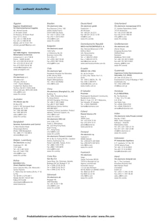 ifm – weltweit: Anschriften
66
Produktselektoren und weitere Informationen finden Sie unter: www.ifm.com
Ägypten
Egyptian Establishment
for Electromechanical Supplies
Mr. Ahmed Gouda
27 Al-Salam Street
Al Arezona, Al Haram Road
Giza 12111, Kairo
Tel. +20 / 2 / 586 49 49
Fax +20 / 2 / 586 49 49
Mobile +20 10 10 61 791
ahmed_gouda97@yahoo.com
Algerien
Sarl AMS Algérie - Automatismes
Motorisation & Services
Lotissement C, lot n°190 B
Draria - 16000 ALGER
Tel. +213 (0)5 59 43 45 22
Tel. +213 (0) 23 26 41 45
Fax +213 (0)23 26 42 58
contact@amsalgérie.com
www.amsalgerie.com
Argentinien
ifm electronic s.r.l.
Lola Mora 421
10º piso, oficina 3
1107 - Puerto Madero
Ciudad Aut. Buenos Aires
Tel./Fax +54 (011) 5353-3436
Interior del país: 0810-345-3436
info.ar@ifm.com
www.ifm.com/ar
Australien
ifm efector pty ltd.
PO Box 479
Suite 3, 745 Springvale Road
Mulgrave VIC 3170
Tel. 1300 365 088
Fax 1300 365 070
sales.au@ifm.com
www.ifm.com/au
Bangladesh
Sensotec Automation and Control
5, New Eskaton Road
Ghausnagar,Ramna
Dhaka 1000 Bangladesh
Tel. +880 171 154 689 0
sensotec@agni.com
Belgien, Luxemburg
ifm electronic n.v./s.a.
Zuiderlaan 91 - B6
1731 Zellik
Tel. +32 2 481 0220
Fax +32 2 463 1795
info.be@ifm.com
www.ifm.com/be
Bolivia
BAVARIA S.R.L.
Álvaro Baptista Vargas
Zona Calacoto Alto, Urb. Morocollo -
Santos Pariamo
C. Mario Diaz de medina (26-A), n° 32
La Paz
Tel. 00-591-2-279 269 1
Mobile 00-591-720-47 442
PoBox N°312248
alvarobaptista@bavaria.bo
www.bavaria.bo
Brasilien
ifm electronic Ltda.
Rua Eleonora Cintra, 140
Jardim Analia Franco
03337-000 Sāo Paulo
Tel. +55-11-2672-1730
Fax +55-11-2673-3501
info.br@ifm.com
www.ifm.com/br
Bulgarien
ifm electronic eood
1202 Sofia
ul. Klokotnica No 2A
Business Centre IVEL
fl.4, office 17
Tel. +359 2 807 59 69
Fax +359 2 807 59 60
info.bg@ifm.com
Chile
ifm electronic SpA
Presidente Eduardo Frei Montalva
6199, Oficina 5032
Comuna de Conchalí
Región Metropolitana
Tel.: +56-2-32239282
info.cl@ifm.com
China
ifm electronic (Shanghai) Co., Ltd
Building 15,
No. 1000, Zhangheng Road,
Pu Dong District.
201203 Shanghai, P.R.China
Tel. +86 21 3813 4800
Fax +86 21 5027 8669
400 National Service Hotline:
400 880 6651
Involving: Contact quotation, Product
delivery, Technical support, etc
info.cn@ifm.com
www.ifm.com/cn
ifm electronic (HK) Ltd
Unit 2106, 21/F,
Tower 2, Metroplaza
No. 223 Hing Fong Road,
Kwai Chung,
N.T., Hong Kong.
info.hk@ifm.com
www.ifm.com/hk
ifm electronic (Taiwan) Limited
9F.-6, No.12, Fuxing 4th Rd., Cianjhen
District, Kaohsiung City,
Postal Code 806, Taiwan, R.O.C.
Tel. +886-7-335-7778
Fax +886-7-335-6878
info.tw@ifm.com
www.ifm.com/tw
Costa Rica
Gen Bus S.A
Santa Rosa, Sto. Domingo, Heredia.
Bodegas Del Sol, Bodega n° 22
Tel. + (506) 25 60 39 58
Tel. + (506) 22 62 39 27
Fax + (506) 22 62 16 74
Dänemark
ifm electronic a/s
Ringager 4A
2605 Brøndby
Tel. +45 70 20 11 08
info.dk@ifm.com
www.ifm.com/dk
Deutschland
ifm electronic gmbh
Friedrichstr. 1
45128 Essen
Tel. +49 201 24 22 0
Fax +49 201 24 22 12 00
info@ifm.com
www.ifm.com/de
Dominikanische Republik
WECH AUTOCONTROLES S. A.
Ave. Romulo Betancourt 2158
Edificio Wech
Urb. Renacimiento
Santo Domingo
Tel. + 1 809-531-0550
Fax + 1 809-531-9175
wech@verizon.net.do
www.wechautocontroles.com.do
Ecuador
INSELEC CIA. LTDA.
Av. de los Arupos
E1-202 y Pan. Norte- Km 5 ½
Quito
Tel. +593 2 28074- 76 - 78
Fax +593 2 2807475
inselec@inselec.com.ec
www.inselec.com.ec
El Salvador
Provinter
Prolongación Boulevard Constitución,
Residencial la Gloria,
Block C-3 pje. 2-C, N*1 Mejicanos,
San Salvador, El Salvador
Tel. + (503) 25643005
Ventas@provintersv.com
Estland
Pesmel Estonia LTD
Segu 4
76505 Saue
Tel. +372 674 73 30
Fax +372 674 73 31
pesmel@pesmel.ee
www.pesmel.ee
Finnland
ifm electronic oy
Vaakatie 5
00440 Helsinki
Tel. +358 (0)75 329 5000
Fax +358 (0)75 329 5010
info.fi@ifm.com
www.ifm.com/fi
Frankreich
ifm electronic
Siège :
Savoie Technolac BP226
73374 Le Bourget du Lac
Agence commerciale :
Immeuble Uranus
1-3 rue Jean Richepin
93192 NOISY LE GRAND CEDEX
Tel. 0820 22 30 01
Fax 0820 22 22 04
info.fr@ifm.com
www.ifm.com/fr
Griechenland
ifm electronic monoprosopi E.P.E.
27, Andrea Papandreou Street
15125 Amaroussi
Tel. +30 210 61 800 90
Fax +30 210 61 994 00
info.gr@ifm.com
www.ifm.com/gr
Großbritannien
ifm electronic Ltd.
efector House
Kingsway Business Park
Oldfield Road
Hampton
Middlesex TW12 2HD
Tel. +44 / 20 / 8213 0000
Fax +44 / 20 / 8213 0001
enquiry_gb@ifm.com
www.ifm.com/uk
Guatemala
Ingenieros Civiles Electromecánicos
Asociados, S.A. (IASA)
20 Calle 25-55 Zona 12
Empresarial El Cortijo III Bodega n° 907,
Guatemala City
Tel. +502-23061300
info@iasa.com.gt
Honduras
R y D INDUSTRIAL
Bo. Paz Barahona
11 Ave. 14 y 15 Calle
S.O. #142
San Pedro Sula
Tel. +(504) 2550-3703
Tel. +(504) 2558-9313
ventas@rydindustrial.com
Indien
ifm electronic India Private Limited
Plot No. P-39/1
MIDC Gokul Shirgaon
Kolhapur – 416234
Maharashtra State
Tel. +91 / 231 / 267 27 70
Fax +91 / 231 / 267 23 88
info@ifm-electronic.in
www.ifm.com/in
Indonesien
PT Indoserako Sejahtera
Jl. P. Jayakarta 121 No. 59
10730 Jakarta Pusat
Tel. +62 / 21 6 24 8923
Fax +62 / 21 6 24 8922
harry@indoserako.com
Irland
ifm electronic (Ireland) Ltd.
No. 7, The Courtyard
Kilcarbery Business Park
New Nangor Road
Clondalkin
Dublin 22
Tel. +353 / 1 / 461 32 00
Fax +353 / 1 / 457 38 28
sales_ie@ifm.com
www.ifm.com/ie
 
